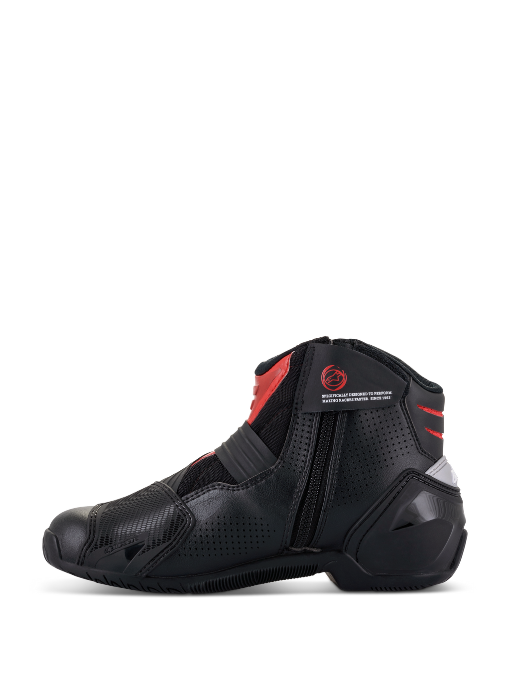 Botas Alpinestars SMX-1 R V2 Vented, negro y rojo, calzado de conducción de corte bajo para moto, perfil lateral que muestra el cierre de cremallera medial, parte superior de microfibra perforada para flujo de aire, detalles en rojo en el tobillo y la lengüeta, calzado de alto rendimiento para carretera