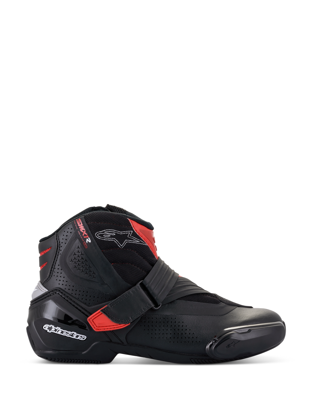 Botas Alpinestars SMX-1 R V2 Vented, calzado de conducción para moto de corte bajo, negro con detalles rojos y logotipos blancos, parte superior de microfibra perforada para el flujo de aire, contrafuerte de talón de TPU y protección lateral, diseño deportivo de alto rendimiento para carretera.