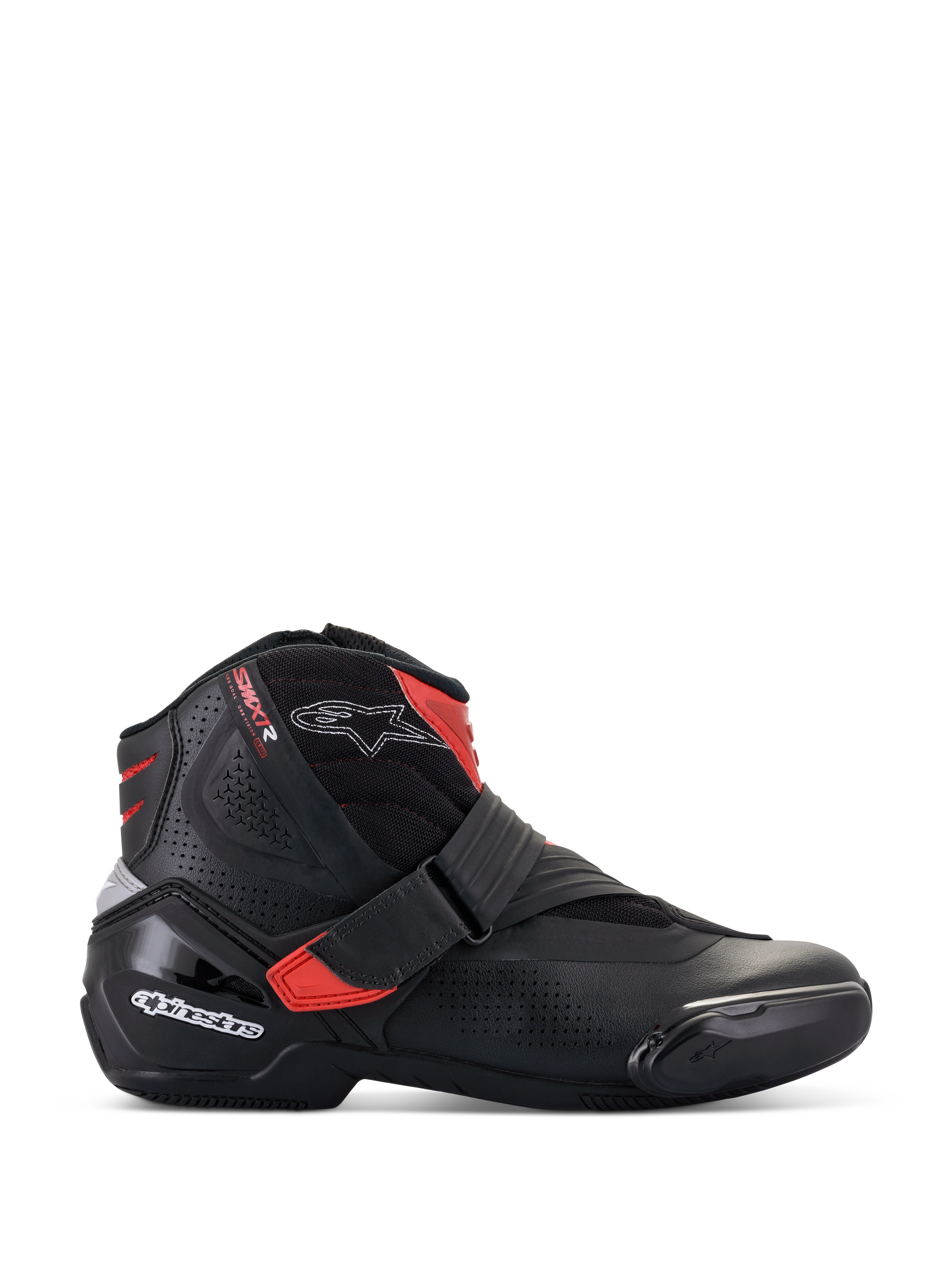 Botas Alpinestars SMX-1 R V2 Vented, calzado de conducción para moto de corte bajo, negro con detalles rojos y logotipos blancos, parte superior de microfibra perforada para el flujo de aire, contrafuerte de talón de TPU y protección lateral, diseño deportivo de alto rendimiento para carretera.