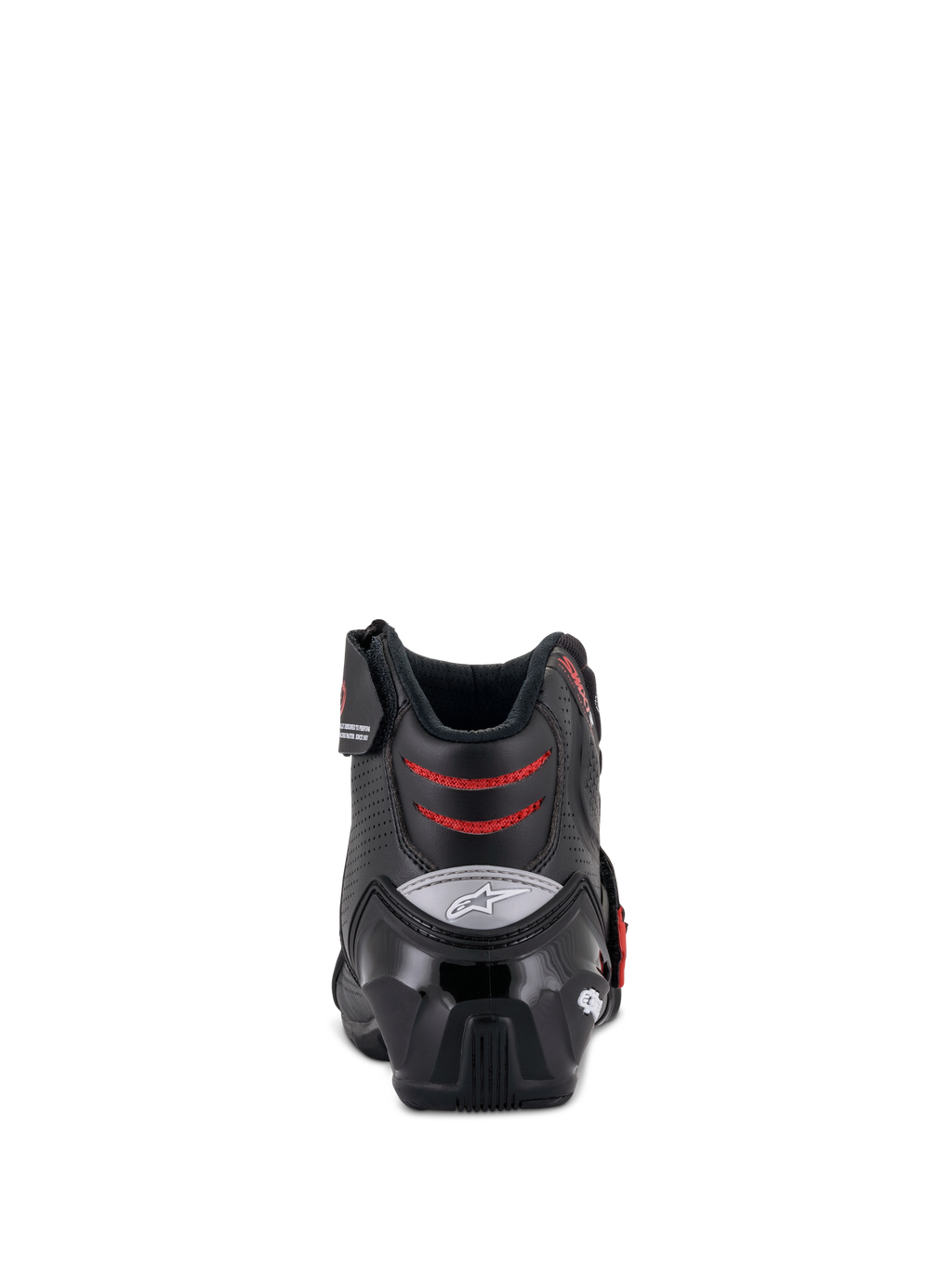 Botas Alpinestars SMX-1 R V2 Ventiladas, botas de moto de corte bajo, color negro y rojo, vista trasera que muestra el contrafuerte del talón de TPU y las zonas de flexión de malla roja, calzado de alto rendimiento para conducción en carretera y deportiva