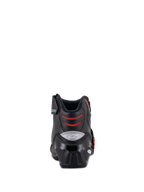 Botas Alpinestars SMX-1 R V2 Ventiladas, botas de moto de corte bajo, color negro y rojo, vista trasera que muestra el contrafuerte del talón de TPU y las zonas de flexión de malla roja, calzado de alto rendimiento para conducción en carretera y deportiva
