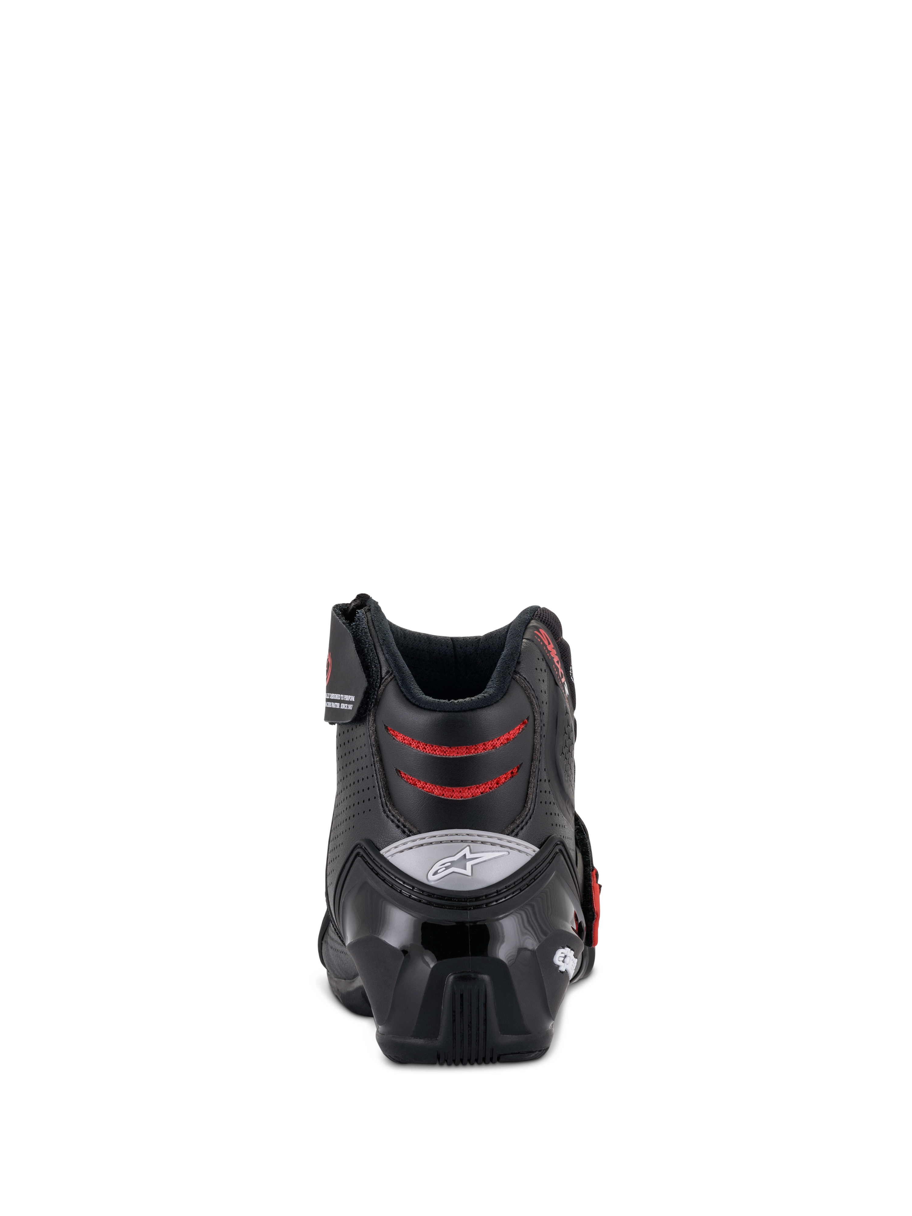 Botas Alpinestars SMX-1 R V2 Ventiladas, botas de moto de corte bajo, color negro y rojo, vista trasera que muestra el contrafuerte del talón de TPU y las zonas de flexión de malla roja, calzado de alto rendimiento para conducción en carretera y deportiva