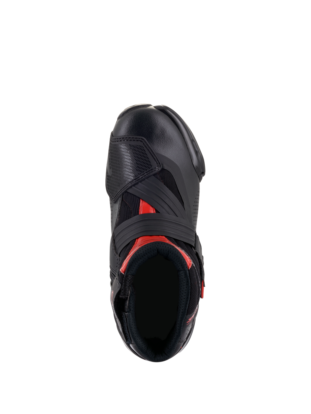 Botas Alpinestars SMX-1 R V2 Vented, negro y rojo, vista superior que muestra la apertura del pie y la construcción superior, con microfibra perforada, detalles en rojo y una correa de velcro ancha en el empeine.