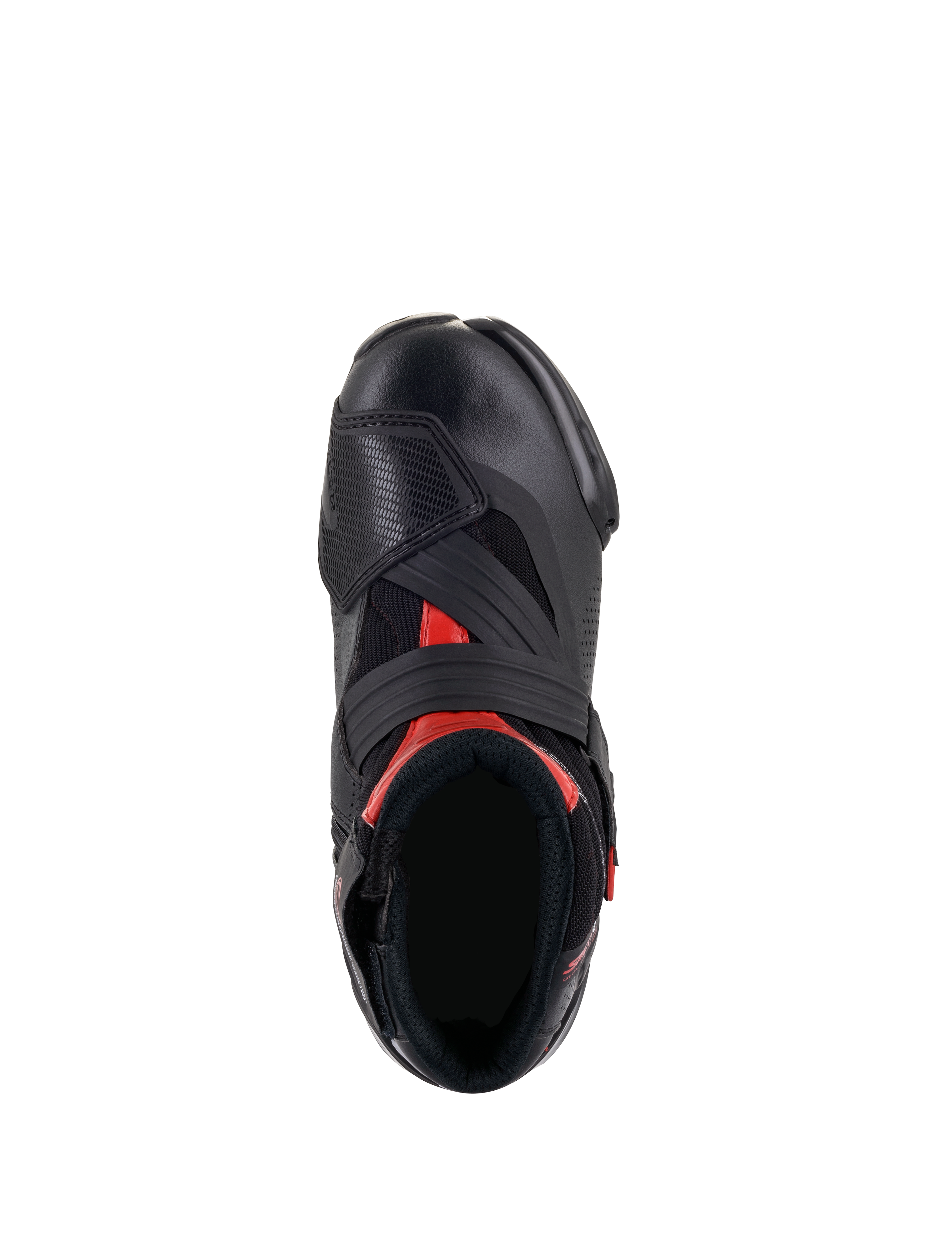 Botas Alpinestars SMX-1 R V2 Vented, negro y rojo, vista superior que muestra la apertura del pie y la construcción superior, con microfibra perforada, detalles en rojo y una correa de velcro ancha en el empeine.