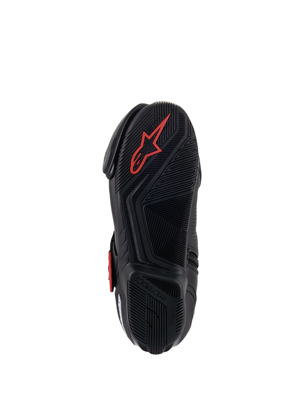 Botas Alpinestars SMX-1 R V2 Vented, calzado para conducción de motocicleta, negro y rojo, vista inferior de la suela de compuesto de goma con patrones de agarre texturizados y un logotipo de Astars en rojo