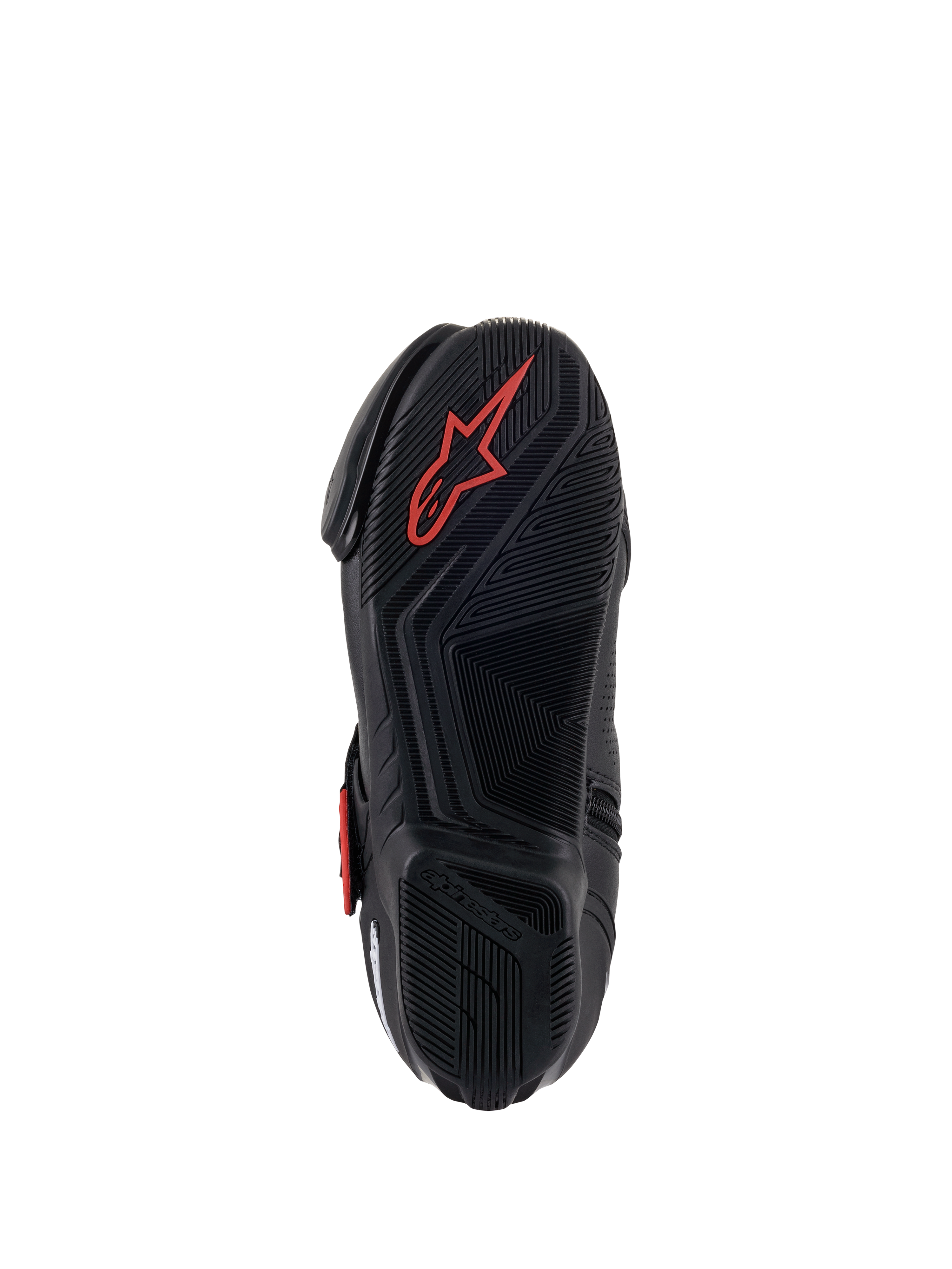 Botas Alpinestars SMX-1 R V2 Vented, calzado para conducción de motocicleta, negro y rojo, vista inferior de la suela de compuesto de goma con patrones de agarre texturizados y un logotipo de Astars en rojo