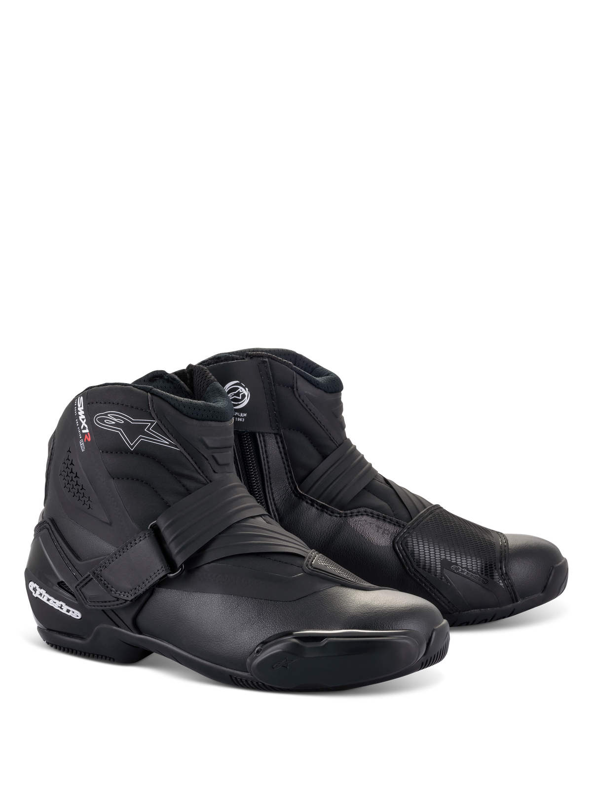 Alpinestars SMX-1 R V2 Boots, Black Low-Cut Motorcycle Riding Boots, featuring white logos with red accents, Velcro strap and side zipper closure, reinforced TPU protection, sleek aerodynamic design for road and sport riding