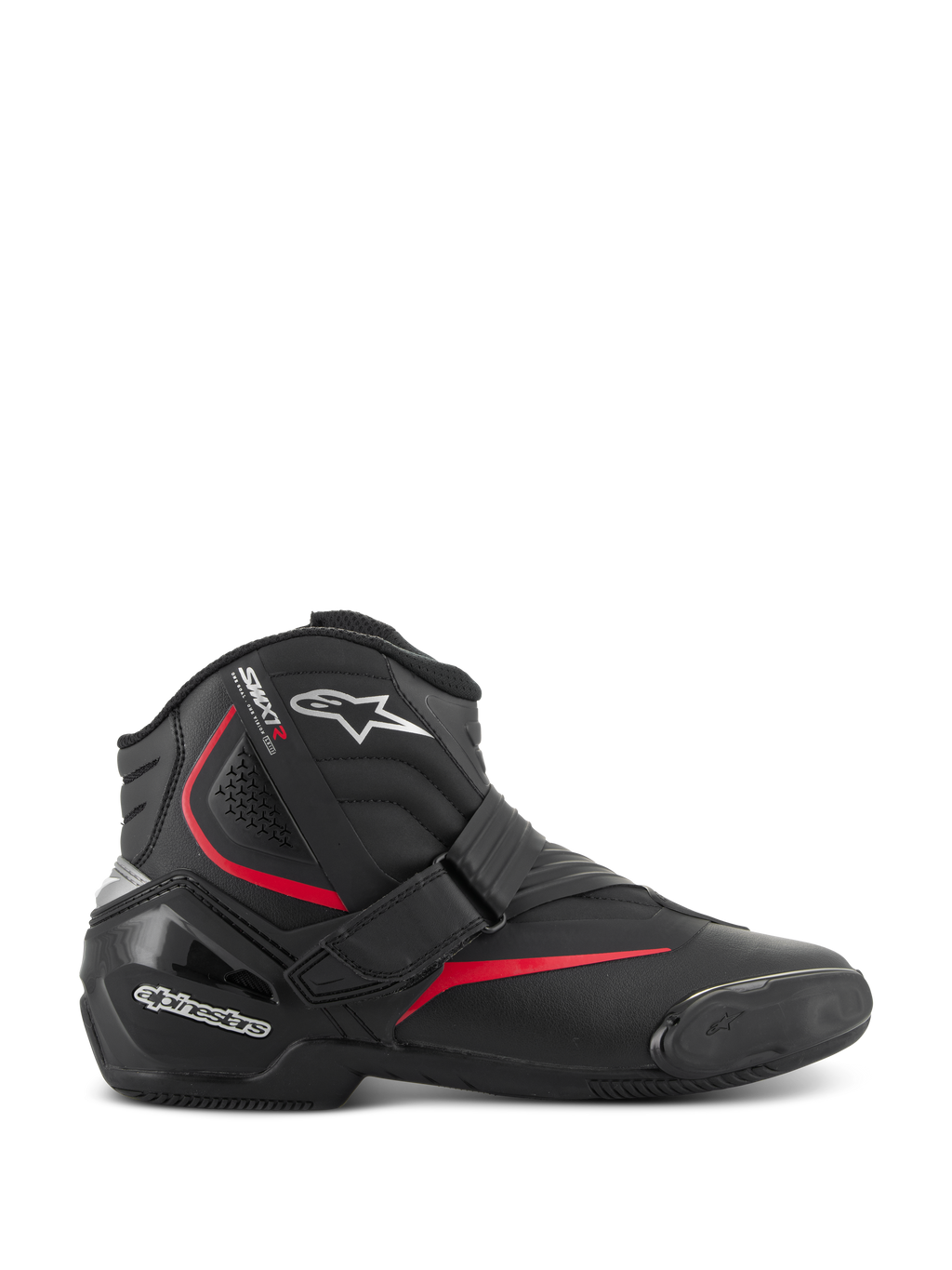 Botas Alpinestars SMX-1 R V2, botas de moto de alto rendimiento de corte bajo, color negro con detalles en rojo y blanco, con cierre de correa de velcro seguro, protección de tobillo y talón de TPU reforzado, zonas de flexión en acordeón y suela de goma texturizada para conducción deportiva.