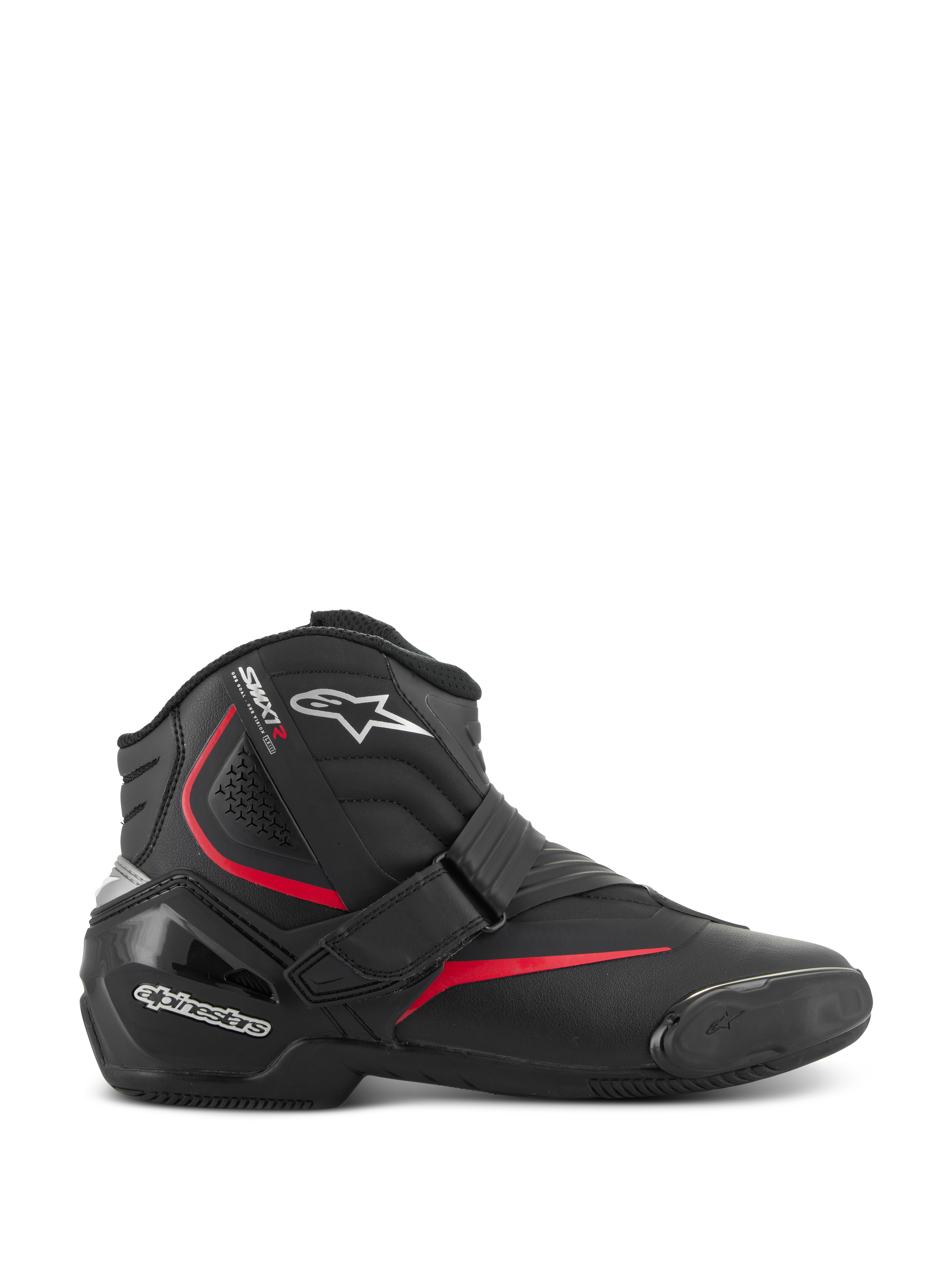 Alpinestars SMX-1 R V2 Boots, low-cut motorcycle performance riding boots, black with red and white accents, featuring a secure Velcro strap closure, reinforced TPU heel counter and ankle protection, accordion flex zones, and a textured rubber sole for sport road riding.
