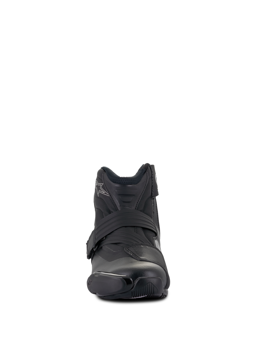Botas Alpinestars Stella SMX-1 R V2 para mujer, bota de moto de alto rendimiento de corte bajo, negro, vista frontal, con parte superior de microfibra, almohadilla de cambio de TPU y correa de cierre ergonómica, diseño de inspiración deportiva
