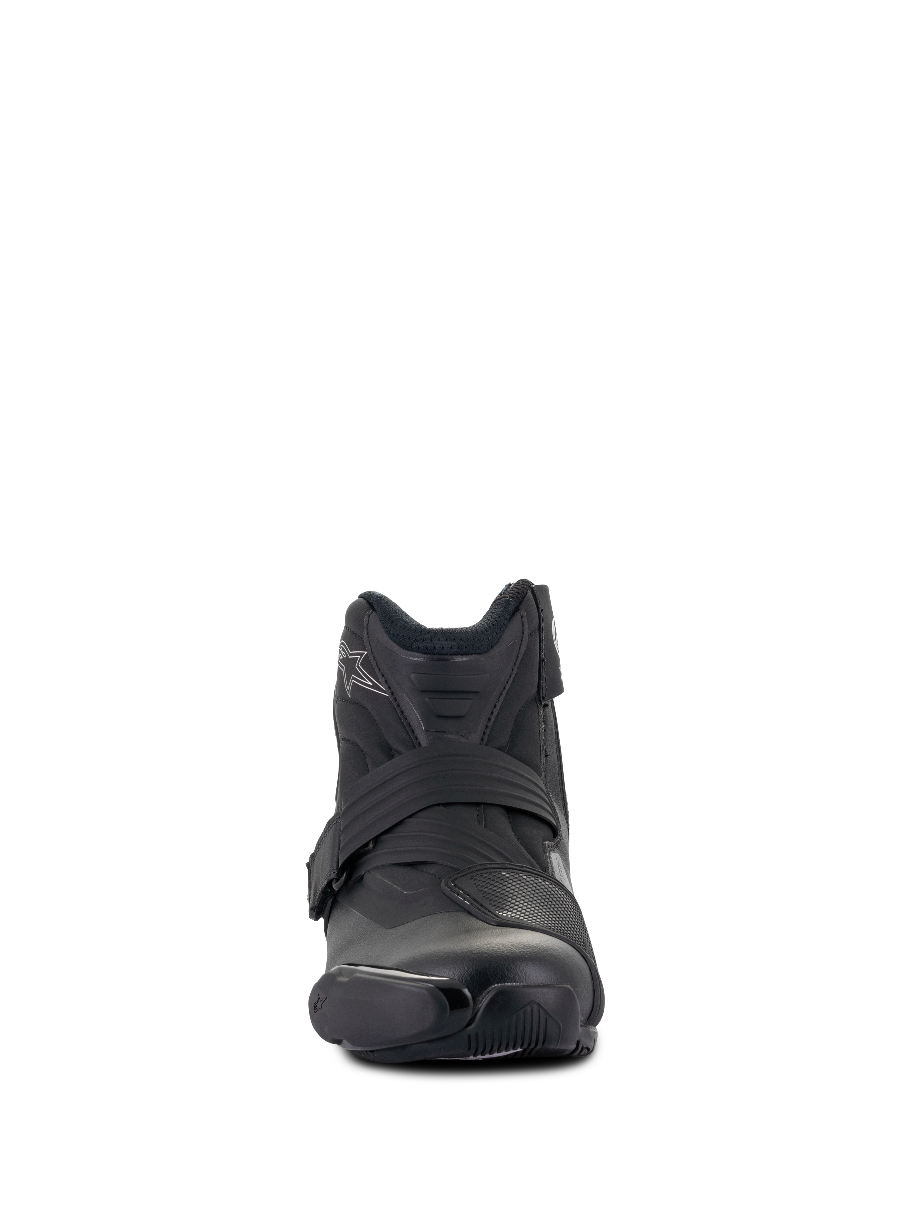 Botas Alpinestars Stella SMX-1 R V2 para mujer, bota de moto de alto rendimiento de corte bajo, negro, vista frontal, con parte superior de microfibra, almohadilla de cambio de TPU y correa de cierre ergonómica, diseño de inspiración deportiva