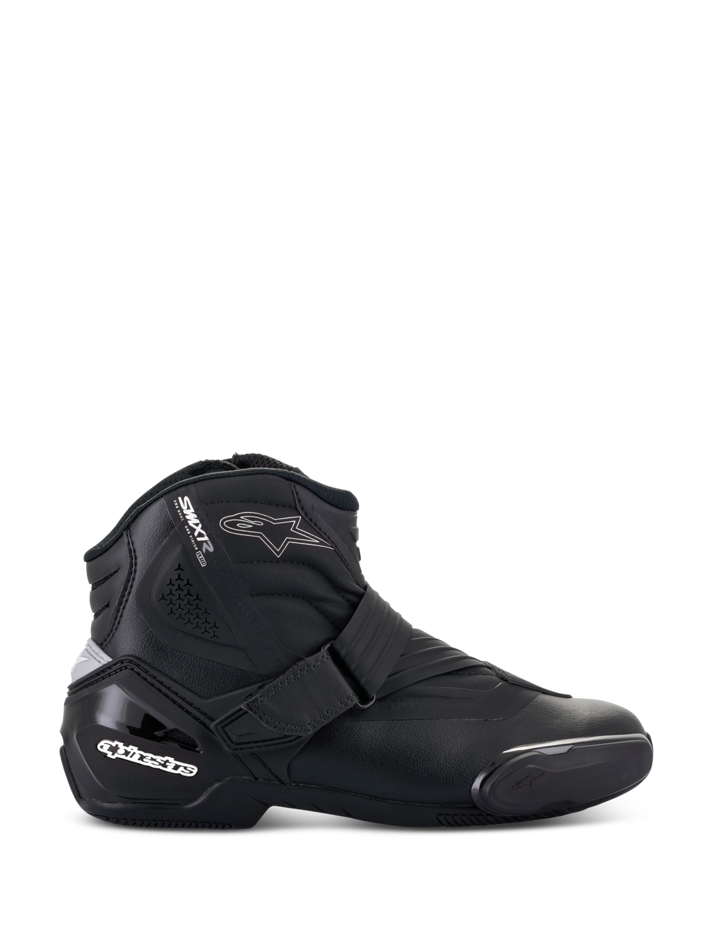 Alpinestars Stella SMX-1 R V2, botas de moto de corte bajo para mujer, negras, vista de perfil lateral con construcción de microfibra, cierre de correa ajustable, talón de TPU reforzado con marca en blanco, detalle de logo de estrella y suela de goma resistente.