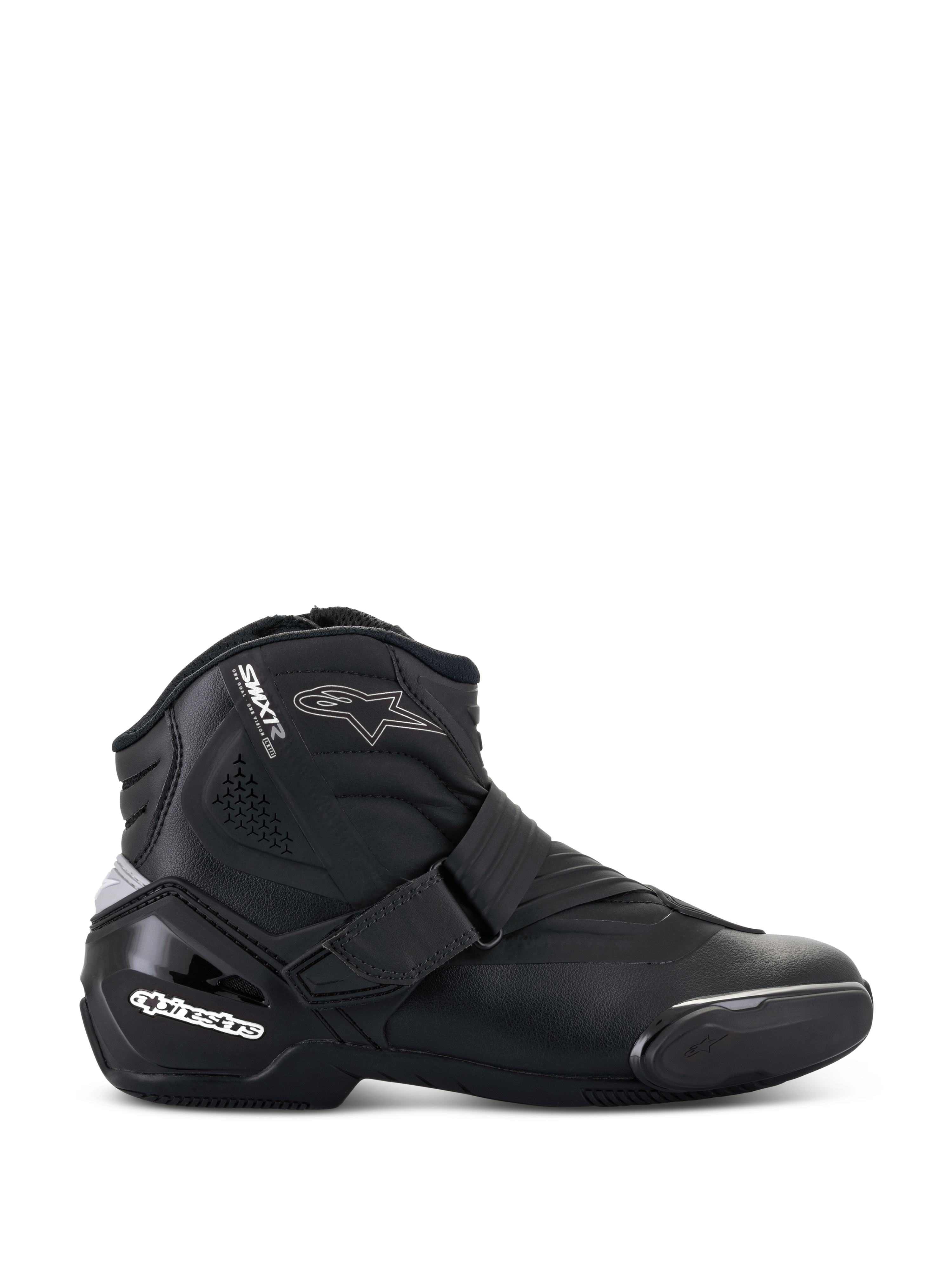 Alpinestars Stella SMX-1 R V2 Boots, Women's Low-Cut Motorcycle Riding Shoe, Black, side profile view featuring microfiber construction, adjustable strap closure, reinforced TPU heel counter with white branding, star logo accent, and durable rubber sole.