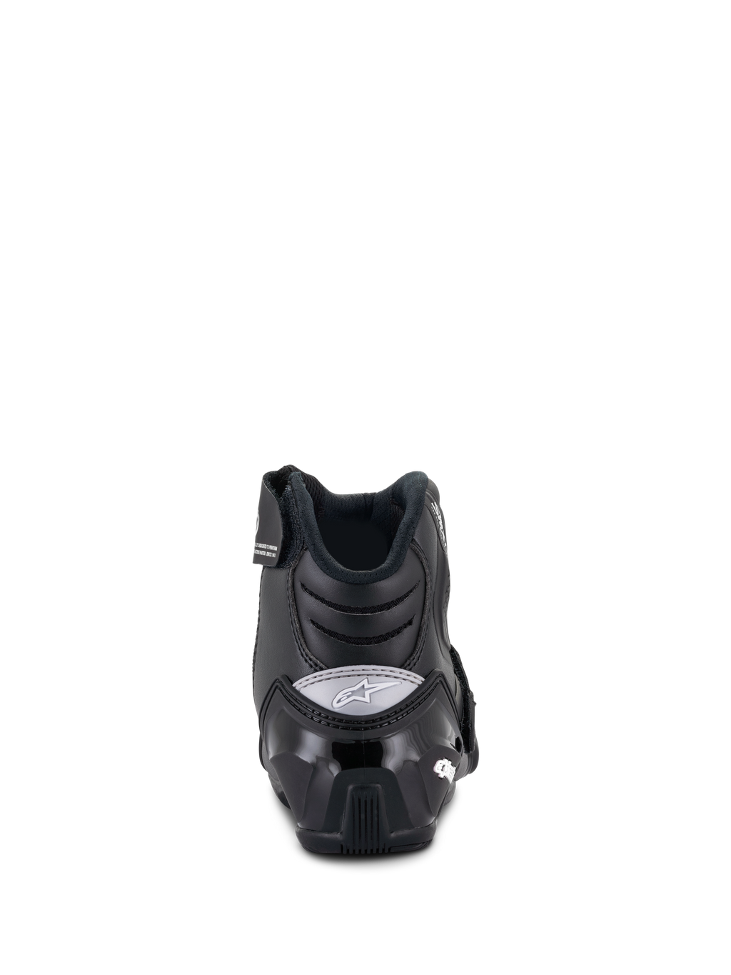 Botas Alpinestars Stella SMX-1 R V2 para mujer, botas de moto de corte bajo, color negro, vista trasera que muestra el contrafuerte del talón de TPU reforzado y el logotipo de Alpinestars en gris, calzado de conducción de alto rendimiento
