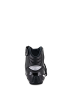 Botas Alpinestars Stella SMX-1 R V2 para mujer, botas de moto de corte bajo, color negro, vista trasera que muestra el contrafuerte del talón de TPU reforzado y el logotipo de Alpinestars en gris, calzado de conducción de alto rendimiento