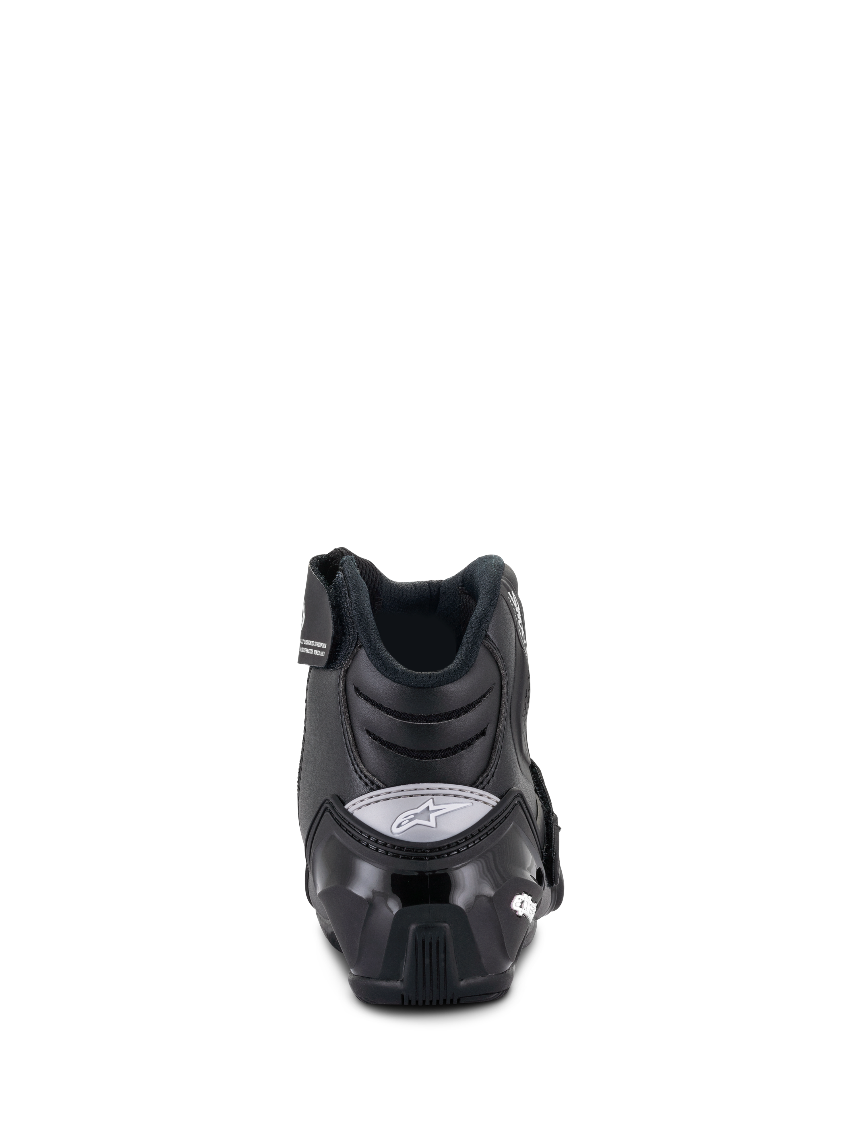 Botas Alpinestars Stella SMX-1 R V2 para mujer, botas de moto de corte bajo, color negro, vista trasera que muestra el contrafuerte del talón de TPU reforzado y el logotipo de Alpinestars en gris, calzado de conducción de alto rendimiento