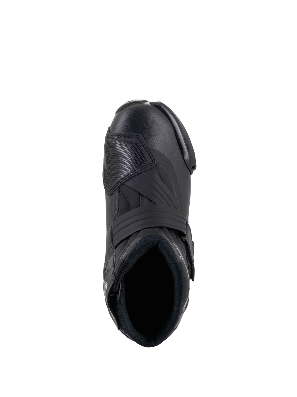 Botas Alpinestars Stella SMX-1 R V2 para mujer, calzado de moto de alto rendimiento de corte bajo en color negro, vista superior que muestra la apertura para el pie, la correa del empeine y la almohadilla de cambio de TPU texturizada, construcción de microfibra estilizada