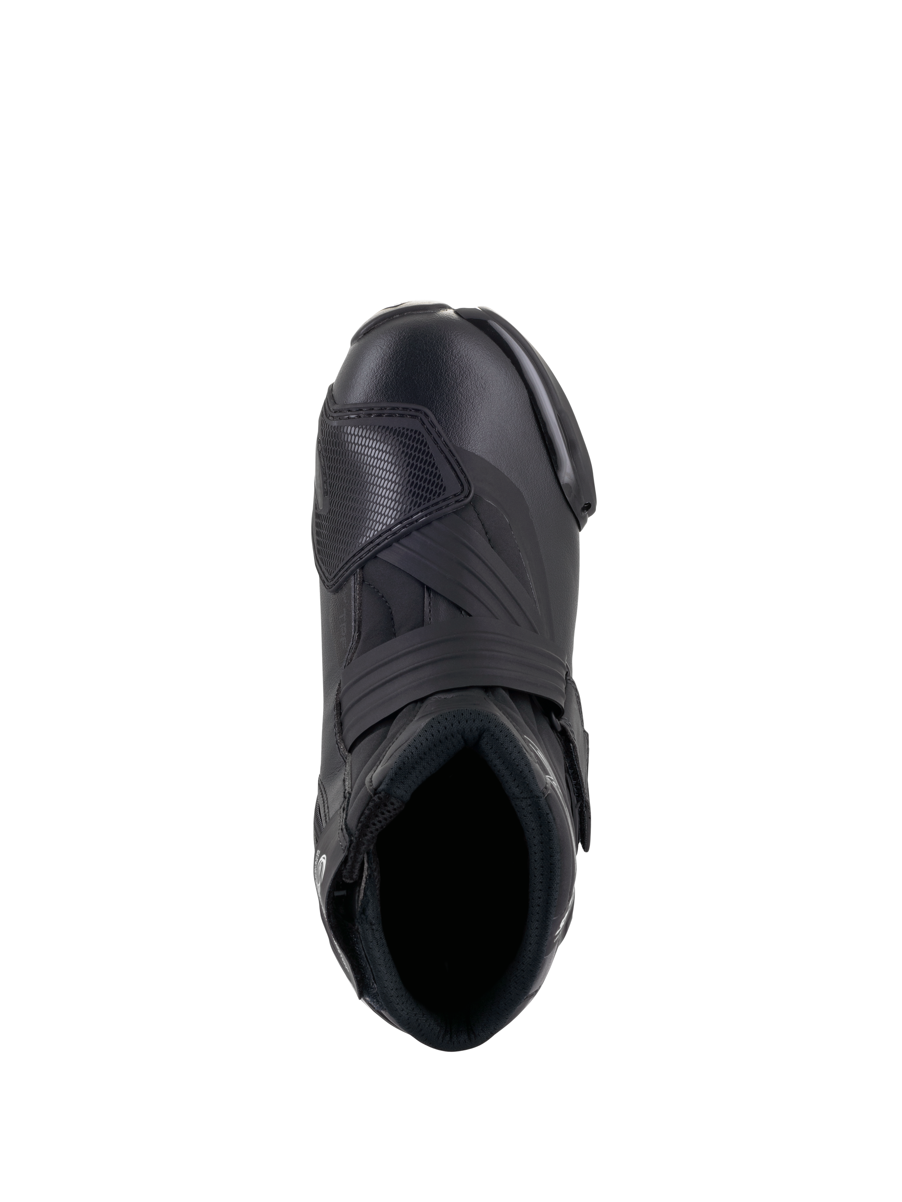 Botas Alpinestars Stella SMX-1 R V2 para mujer, calzado de moto de alto rendimiento de corte bajo en color negro, vista superior que muestra la apertura para el pie, la correa del empeine y la almohadilla de cambio de TPU texturizada, construcción de microfibra estilizada