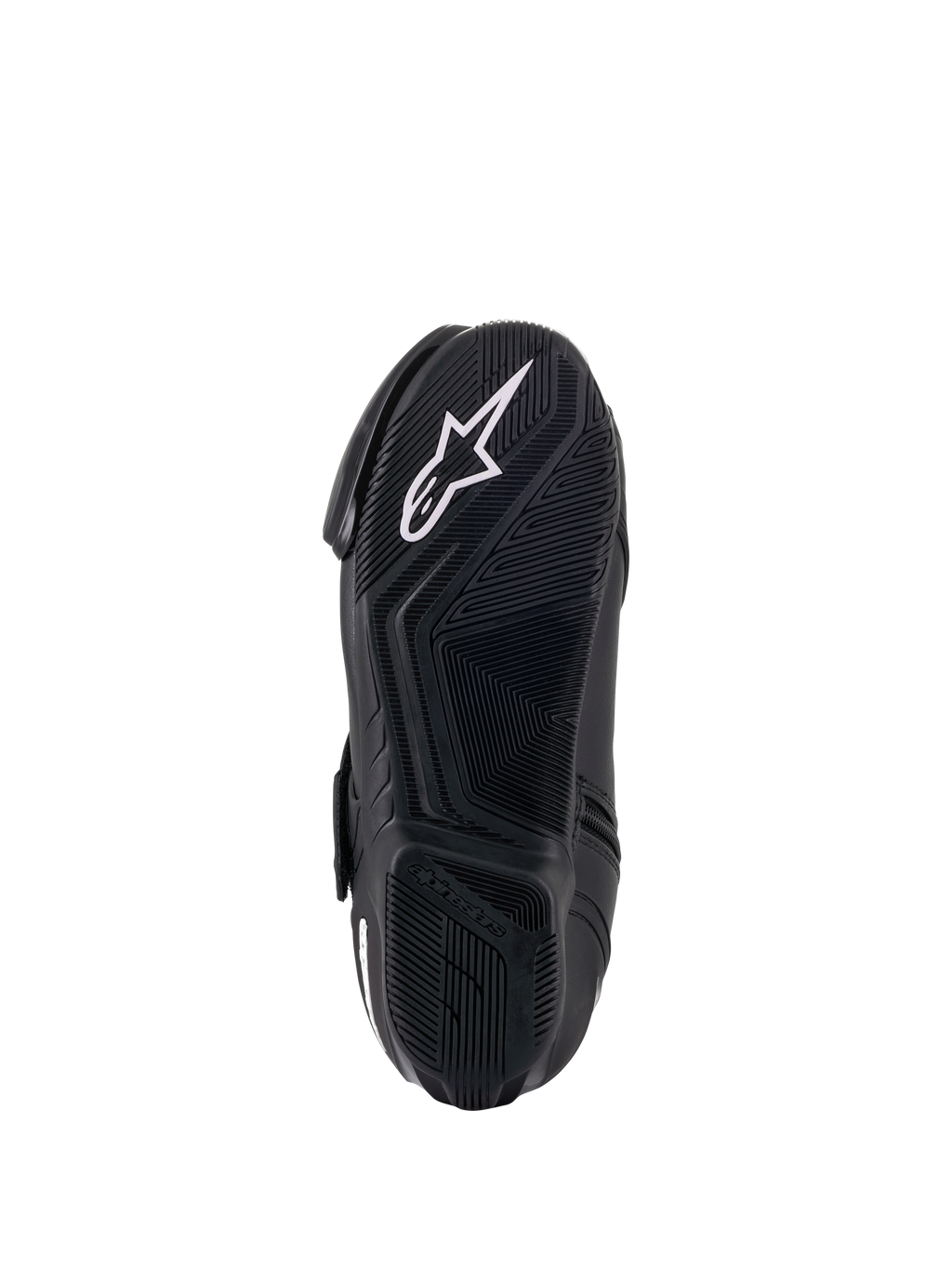 Botas Stella SMX-1 R V2 de Alpinestars para mujer, color negro, vista inferior de la suela de compuesto de goma con patrón de agarre superior y logotipo de estrella en blanco, calzado de alto rendimiento para moto