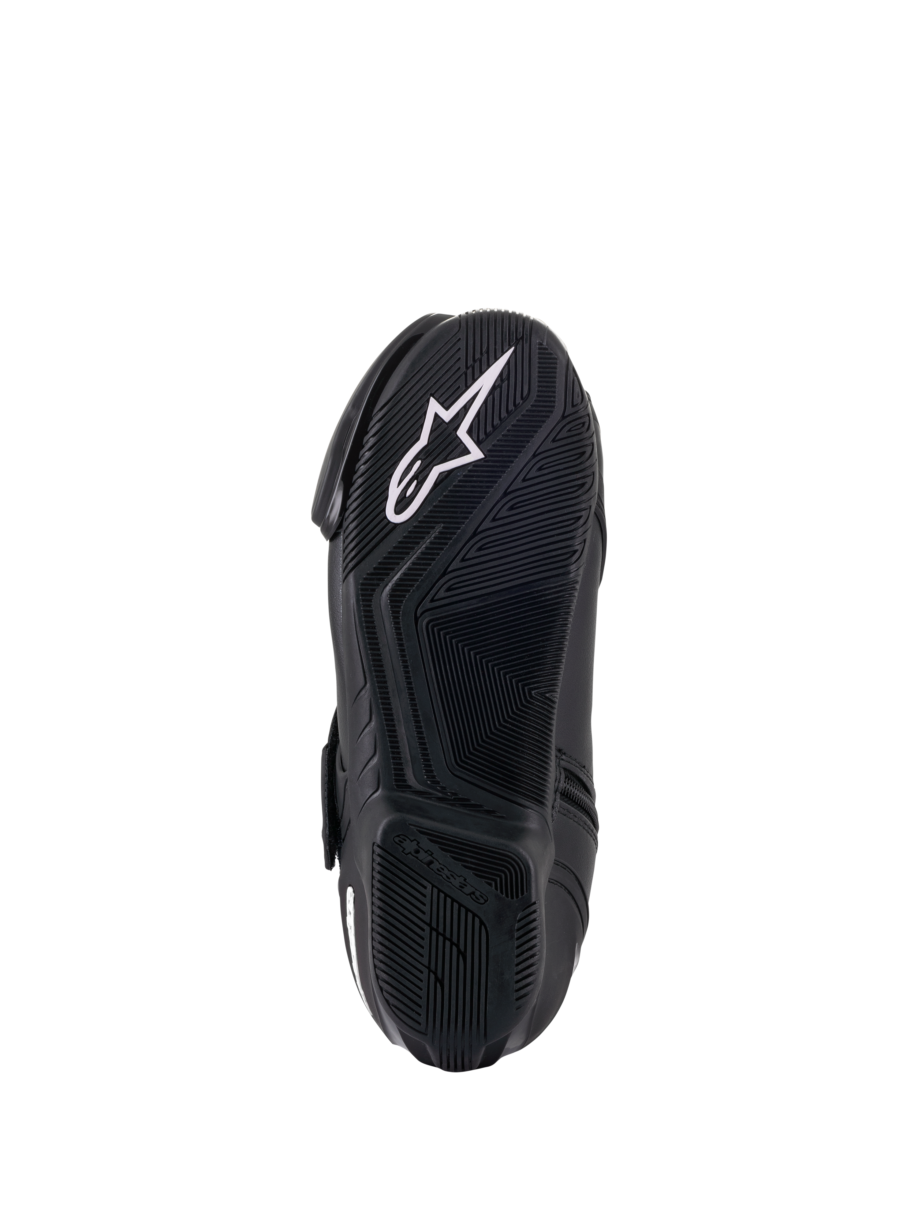Botas Stella SMX-1 R V2 de Alpinestars para mujer, color negro, vista inferior de la suela de compuesto de goma con patrón de agarre superior y logotipo de estrella en blanco, calzado de alto rendimiento para moto
