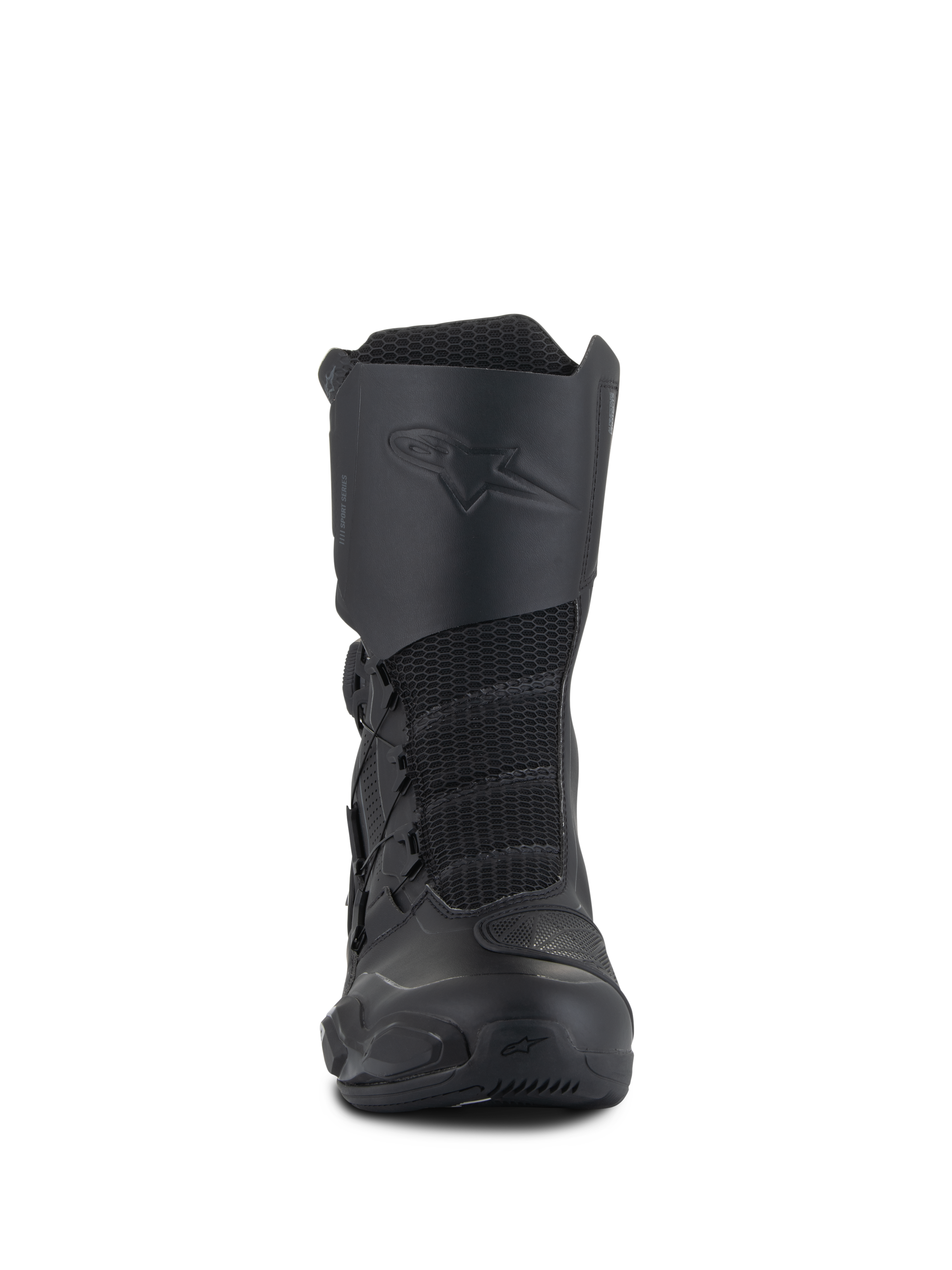 Botas Alpinestars SP-X BOA® Drystar®, botas de moto Sport Touring de media caña, negras, con paneles frontales de malla, un logotipo en relieve en la espinillera y el sistema de cierre BOA Speed Lace para un ajuste seguro.