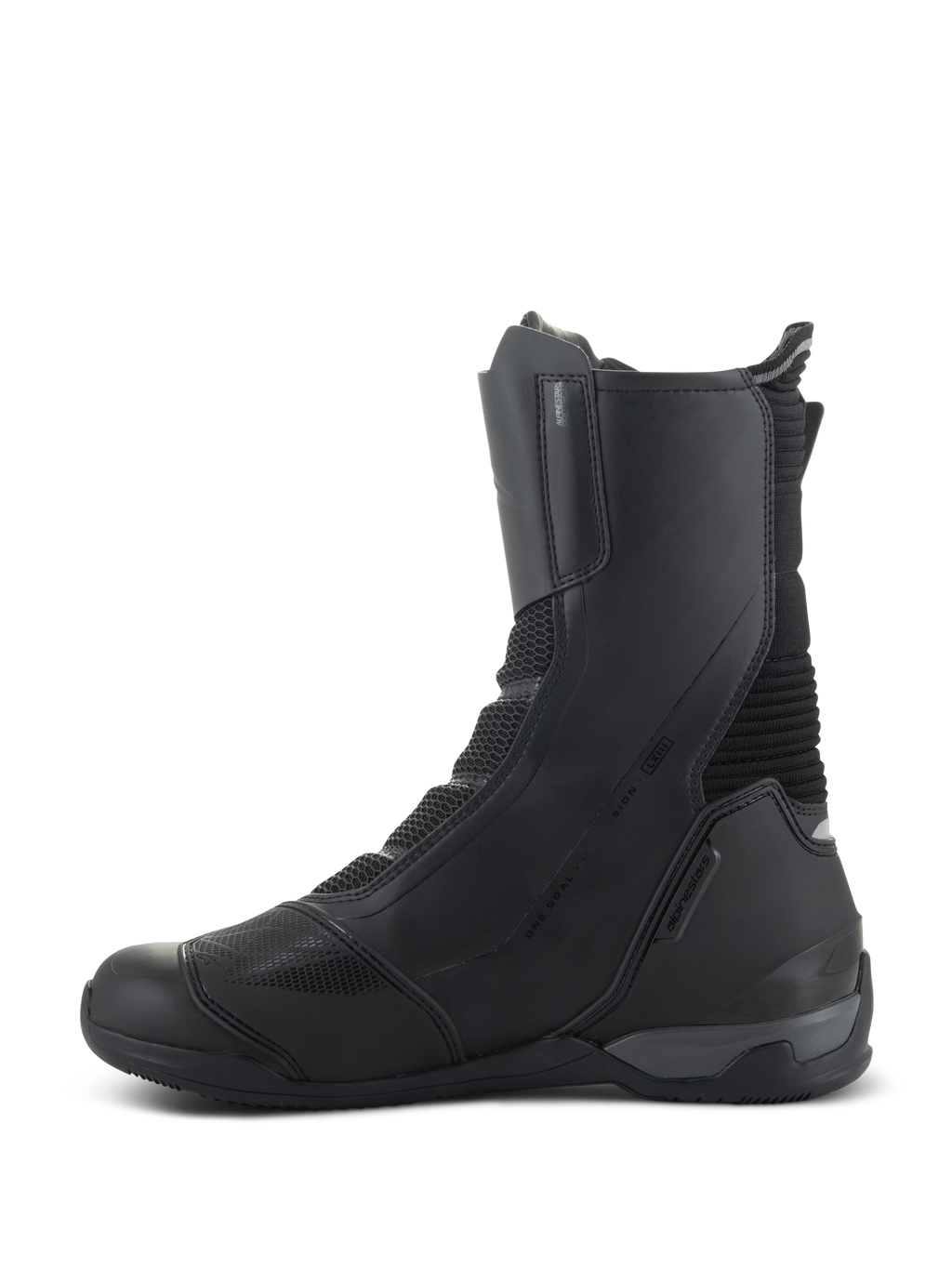 Botas Alpinestars SP-X BOA Drystar, botas de moto sport touring de caña media, negras, vista lateral interna que muestra la construcción de microfibra y malla, talonera reforzada y diseño protector estilizado para conducción en carretera