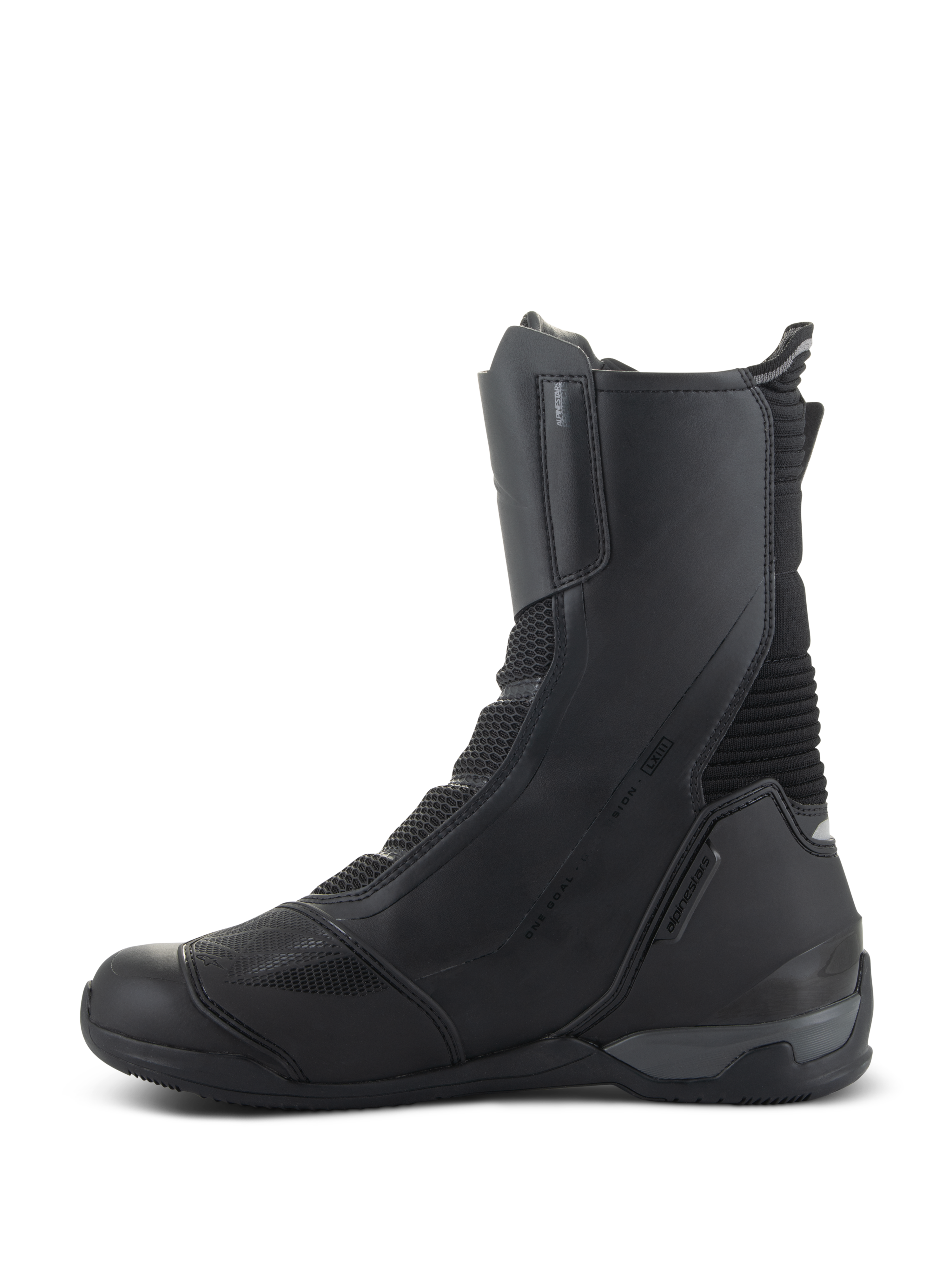 Botas Alpinestars SP-X BOA Drystar, botas de moto sport touring de caña media, negras, vista lateral interna que muestra la construcción de microfibra y malla, talonera reforzada y diseño protector estilizado para conducción en carretera