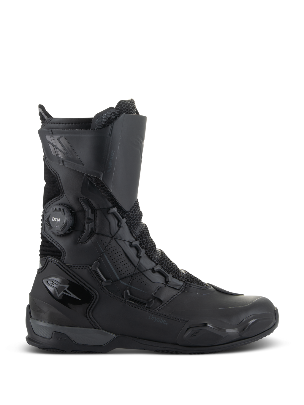 Botas Alpinestars SP-X BOA Drystar, botas de moto touring, negro y gris oscuro, perfil lateral con el sistema de cierre BOA Speed Lace y la marca Drystar, diseño impermeable de media caña con refuerzos de malla y TPU