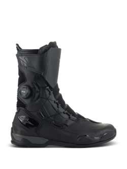Alpinestars SP-X BOA Drystar Boots, Motorcycle Touring Boots, Black and Dark Gray, side profile showing BOA Speed Lace System and Drystar branding, mid-length waterproof design with mesh and TPU reinforcements