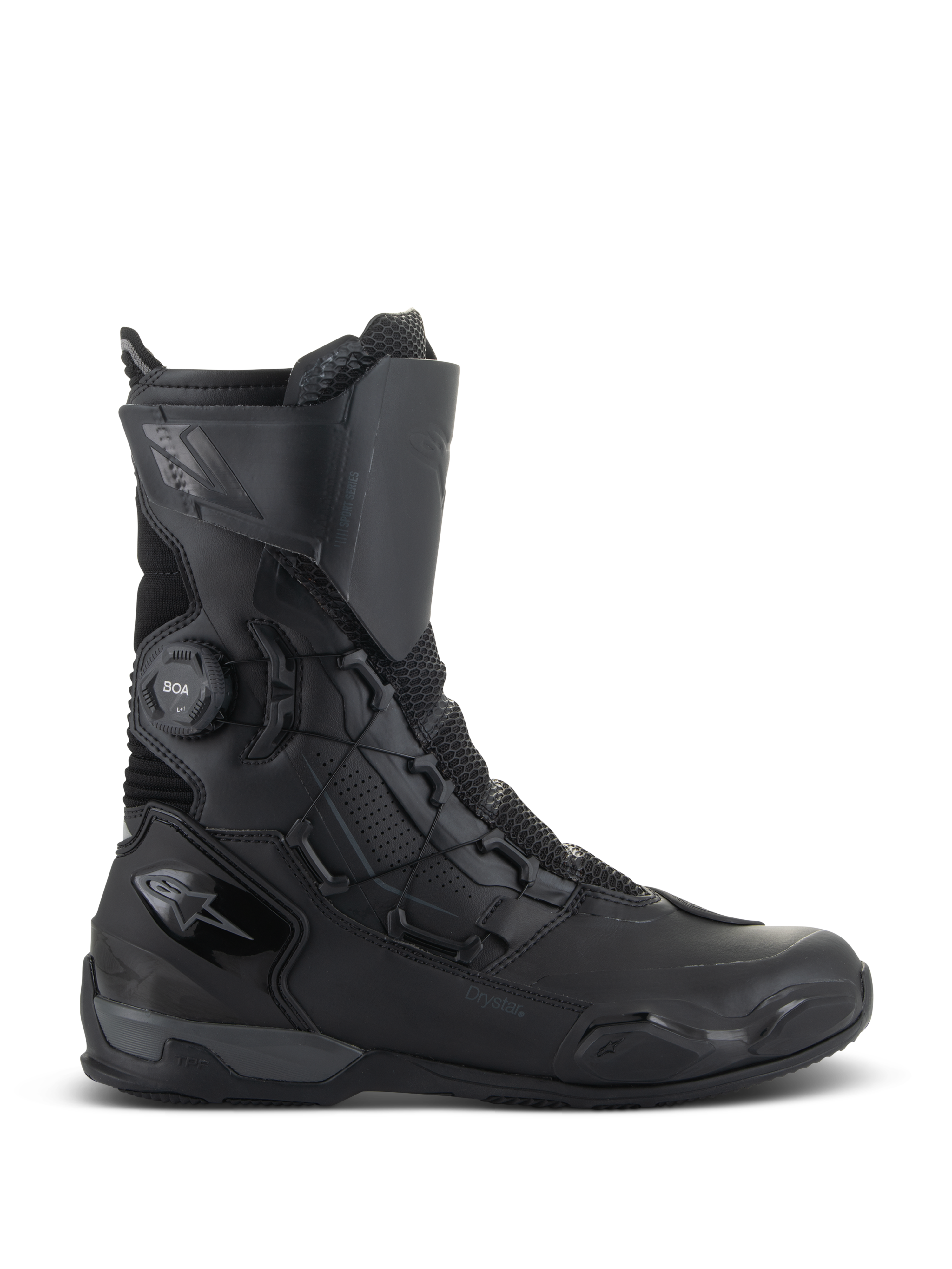 Botas Alpinestars SP-X BOA Drystar, botas de moto touring, negro y gris oscuro, perfil lateral con el sistema de cierre BOA Speed Lace y la marca Drystar, diseño impermeable de media caña con refuerzos de malla y TPU
