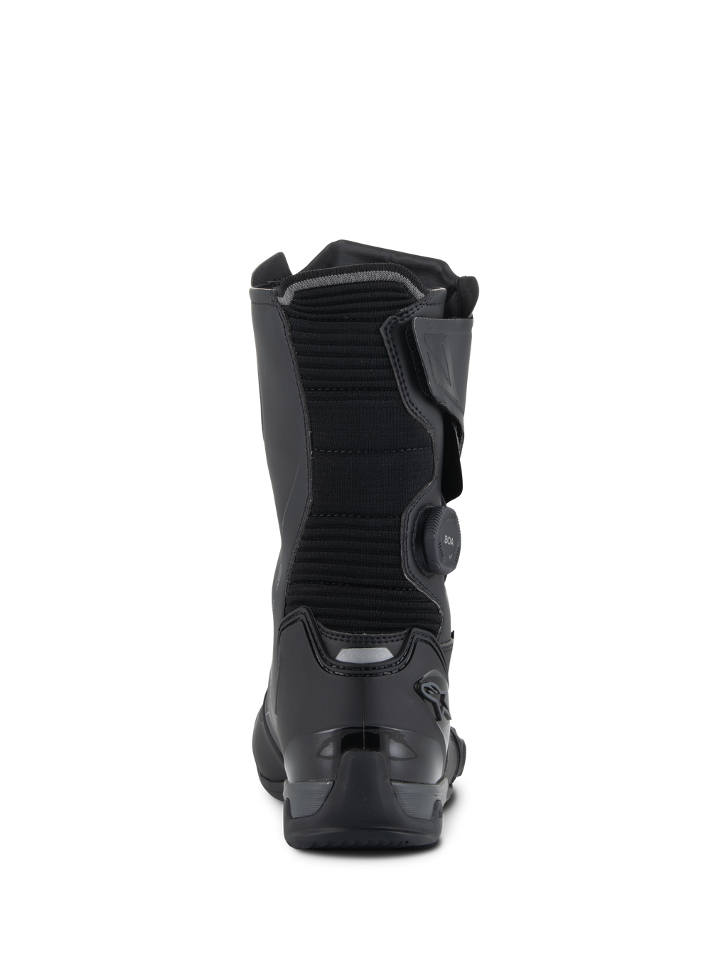 Botas Alpinestars SP-X BOA® Drystar®, negro y gris oscuro, vista trasera mostrando la pantorrilla de tejido acanalado, dial de cierre BOA en el lateral y contrafuerte de TPU reforzado en el talón con detalles reflectantes, calzado técnico de turismo deportivo