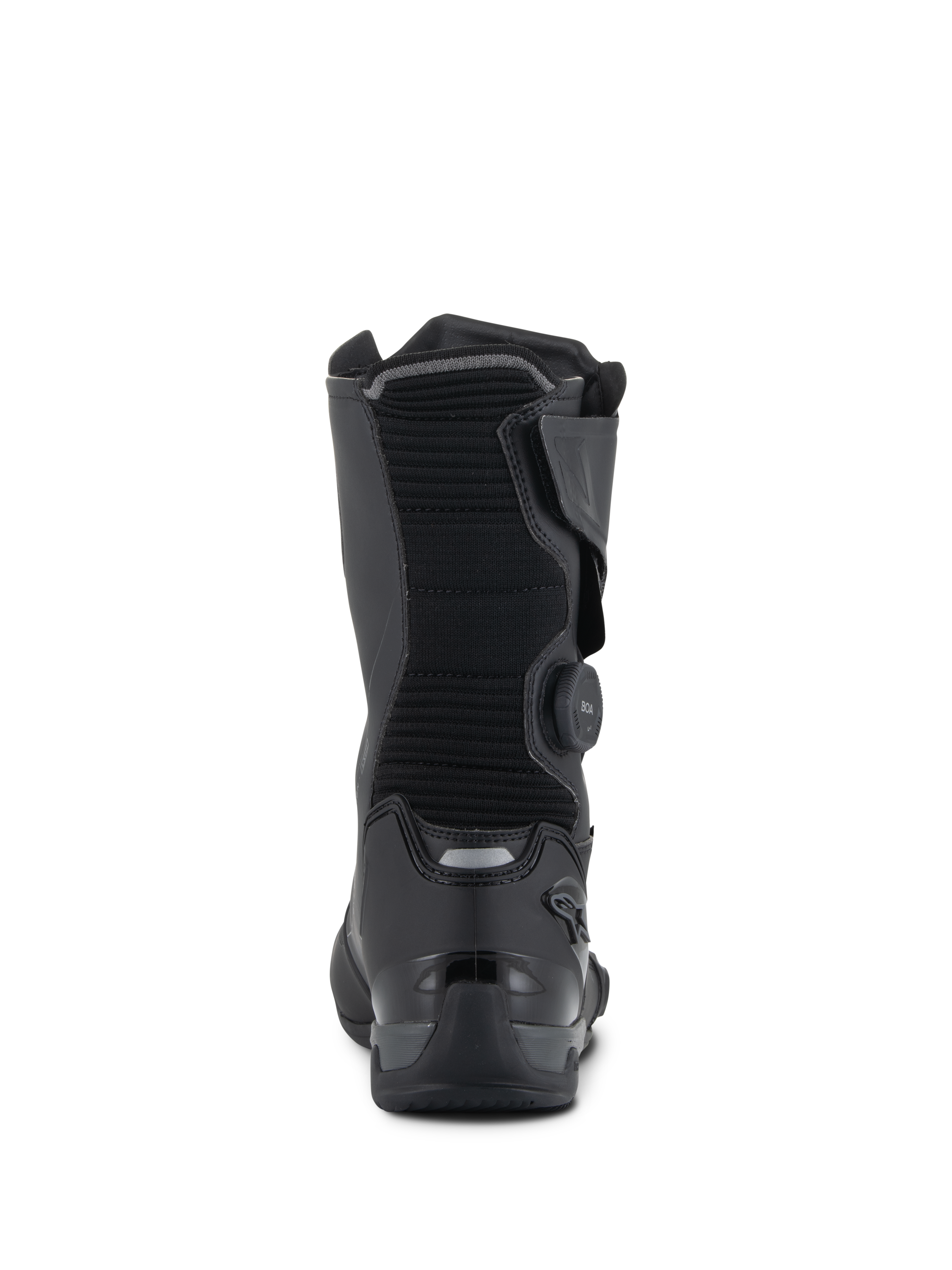 Botas Alpinestars SP-X BOA® Drystar®, negro y gris oscuro, vista trasera mostrando la pantorrilla de tejido acanalado, dial de cierre BOA en el lateral y contrafuerte de TPU reforzado en el talón con detalles reflectantes, calzado técnico de turismo deportivo