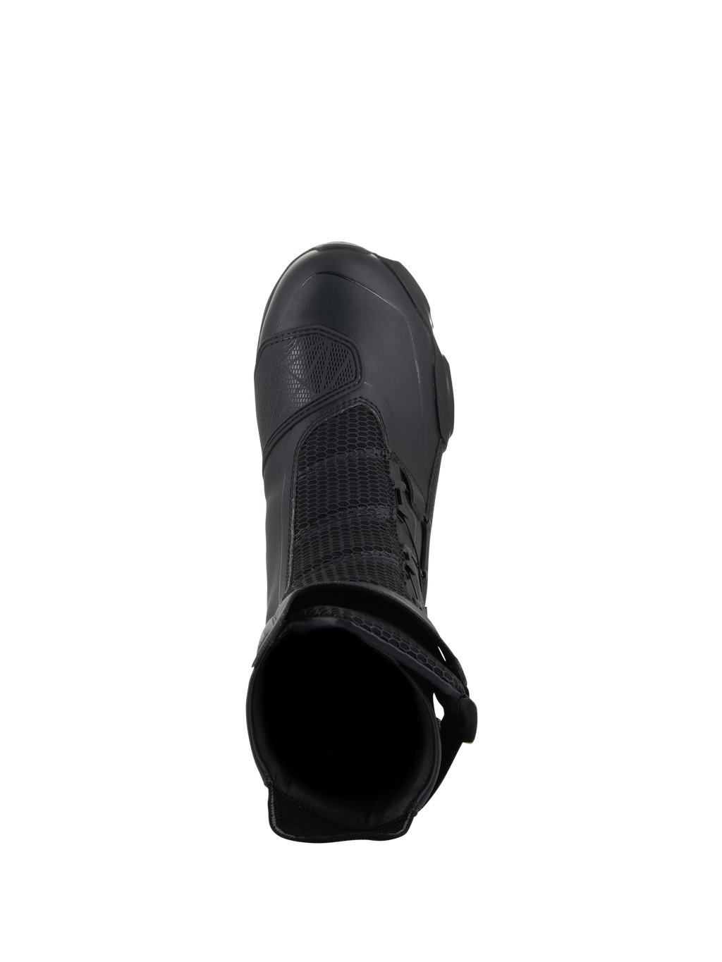 Botas Alpinestars SP-X BOA Drystar, botas de moto sport touring, negras, vista superior que muestra la apertura interior, paneles de malla y protector de cambio de TPU, diseñadas para un rendimiento impermeable y comodidad del piloto