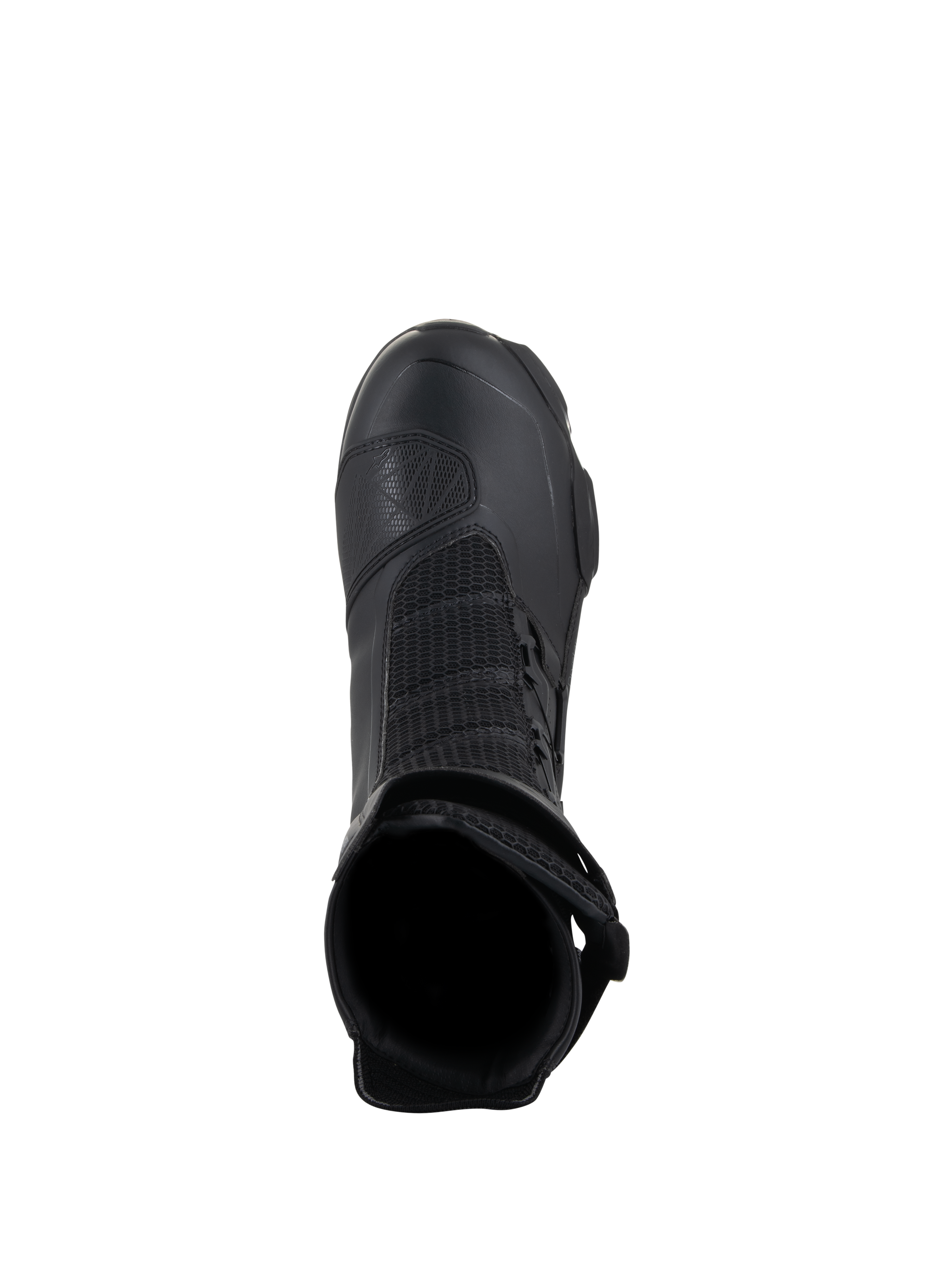 Botas Alpinestars SP-X BOA Drystar, botas de moto sport touring, negras, vista superior que muestra la apertura interior, paneles de malla y protector de cambio de TPU, diseñadas para un rendimiento impermeable y comodidad del piloto
