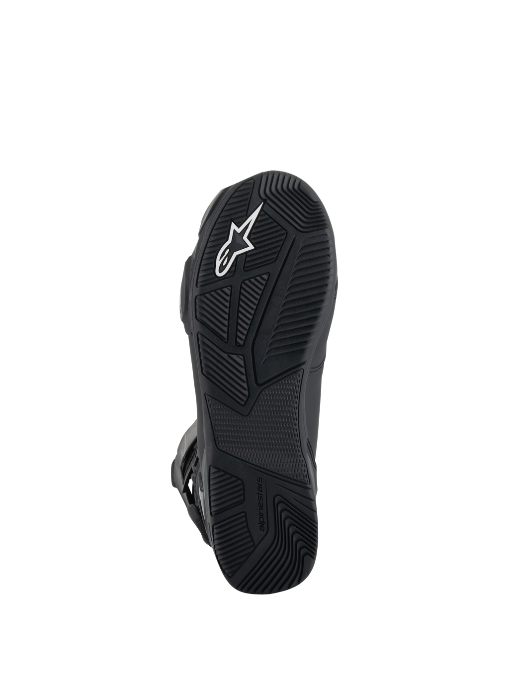 Botas Alpinestars SP-X BOA® Drystar®, botas de moto, vista inferior de la suela de goma negra con patrones de agarre texturizados, logotipo Astar blanco y marca en relieve para tracción y estabilidad