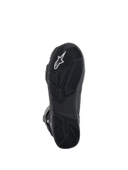 Botas Alpinestars SP-X BOA® Drystar®, botas de moto, vista inferior de la suela de goma negra con patrones de agarre texturizados, logotipo Astar blanco y marca en relieve para tracción y estabilidad