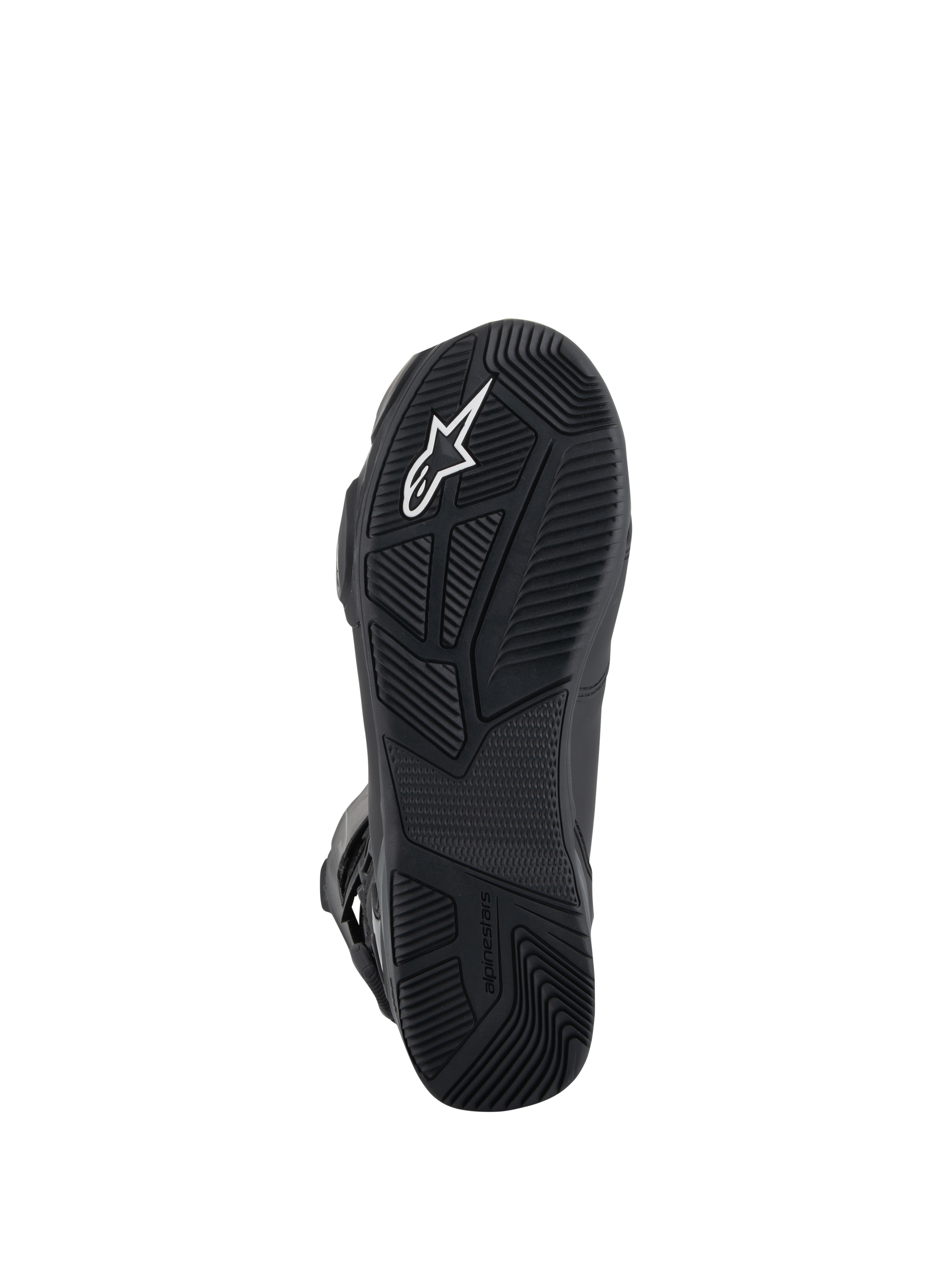 Botas Alpinestars SP-X BOA® Drystar®, botas de moto, vista inferior de la suela de goma negra con patrones de agarre texturizados, logotipo Astar blanco y marca en relieve para tracción y estabilidad