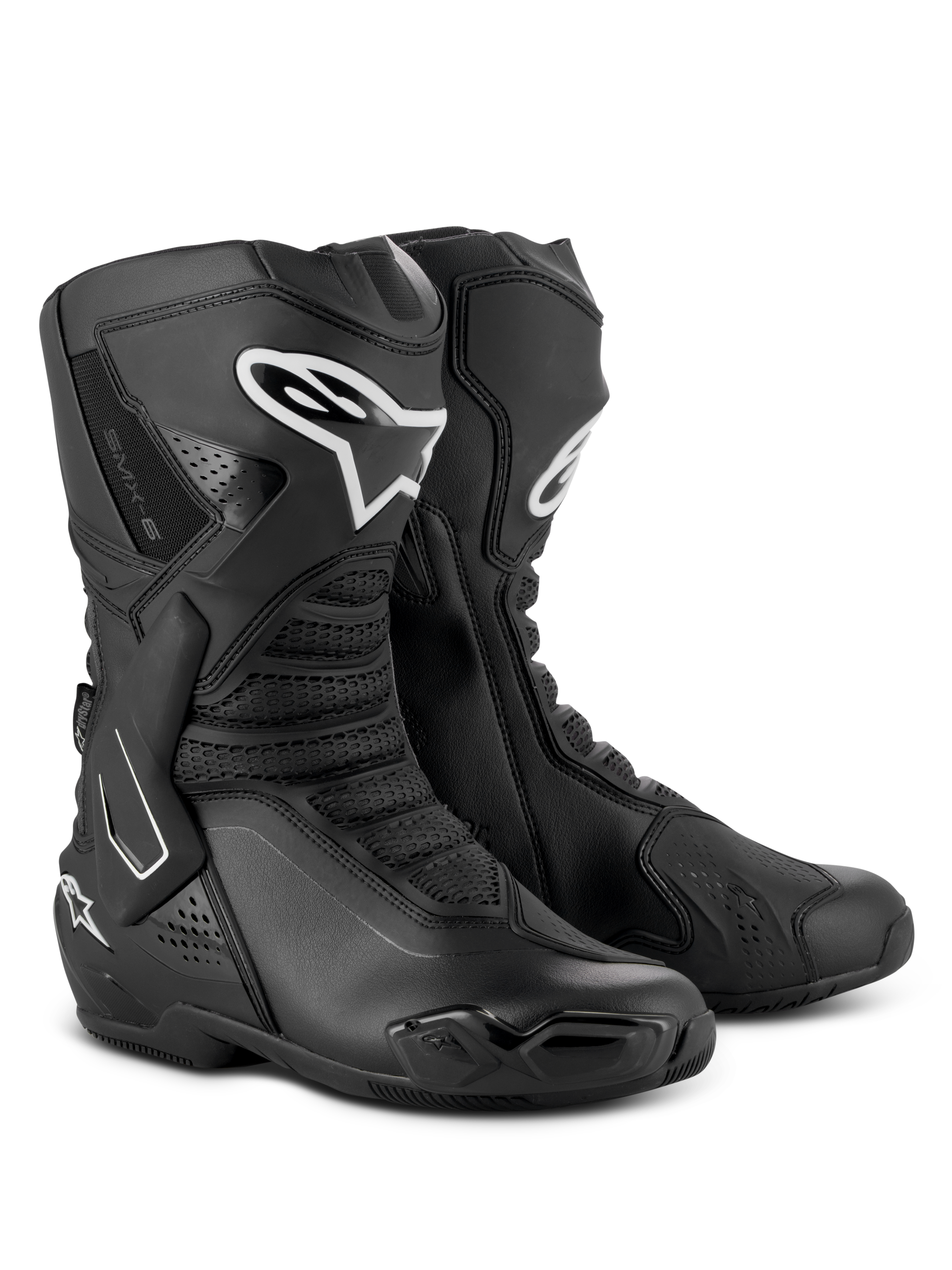 Botas Alpinestars SMX-6 V3 Drystar®, botas de alto rendimiento para motociclismo, negras, con protectores de espinilla de TPU y logotipo de Alpinestars en blanco, deslizadores de puntera reemplazables y construcción avanzada de microfibra, equipamiento para conducción deportiva y urbana