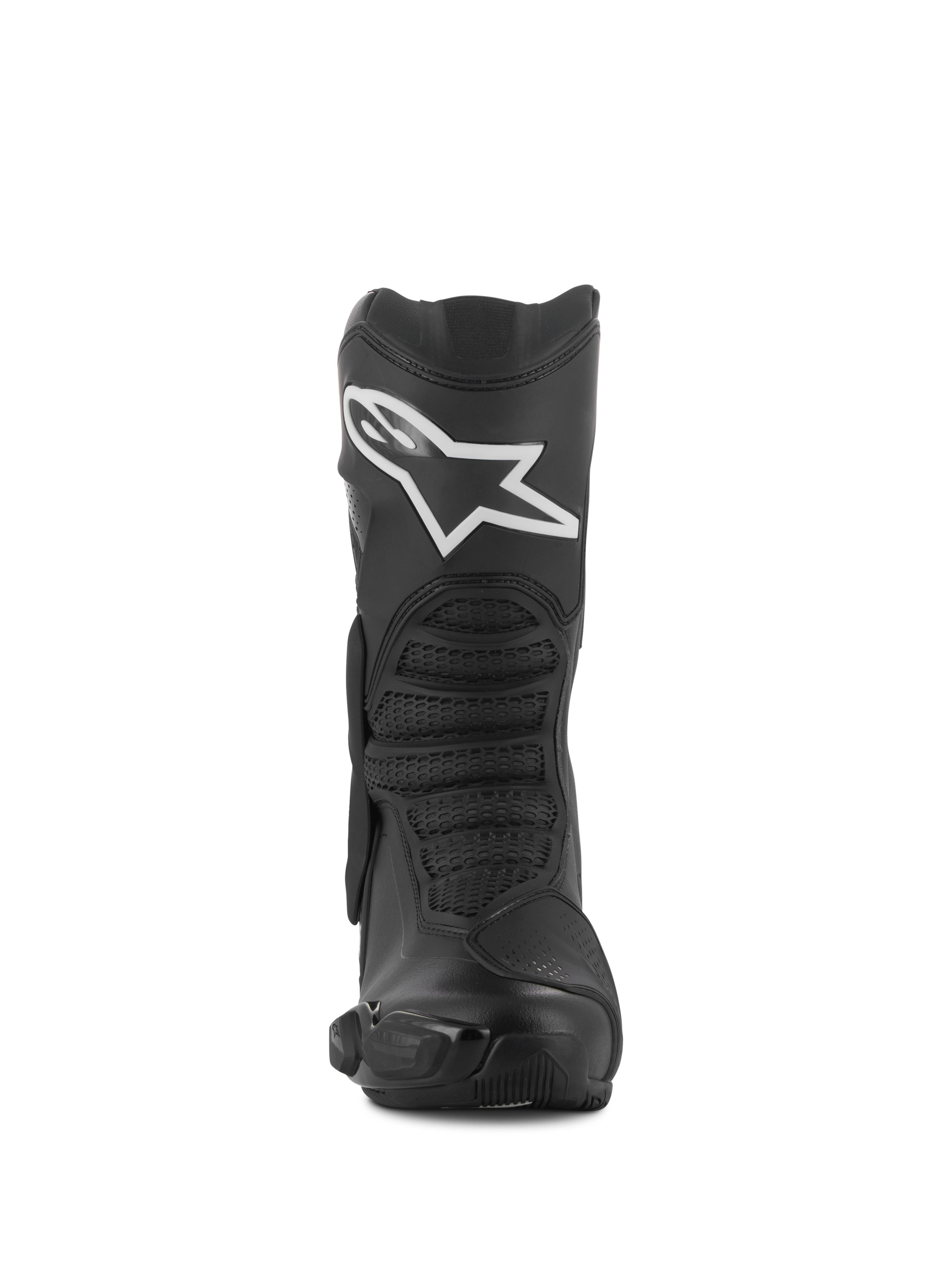 Botas Alpinestars SMX-6 V3 Drystar®, negro, vista frontal, botas de conducción deportivas y de alto rendimiento con el logotipo blanco de Alpinestars en la espinilla, protectores de TPU y zonas de flexión texturizadas