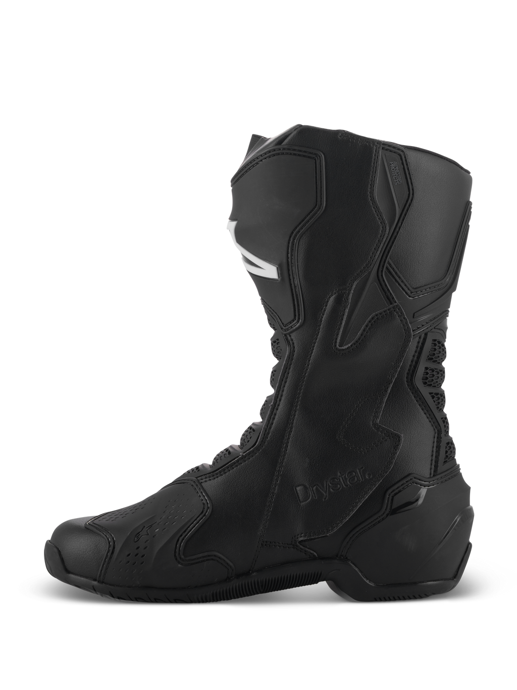 Botas Alpinestars SMX-6 V3 Drystar®, botas de rendimiento para motocicleta en color negro, perfil lateral que muestra la construcción de microfibra de corte alto, paneles protectores de TPU y el logotipo de Drystar
