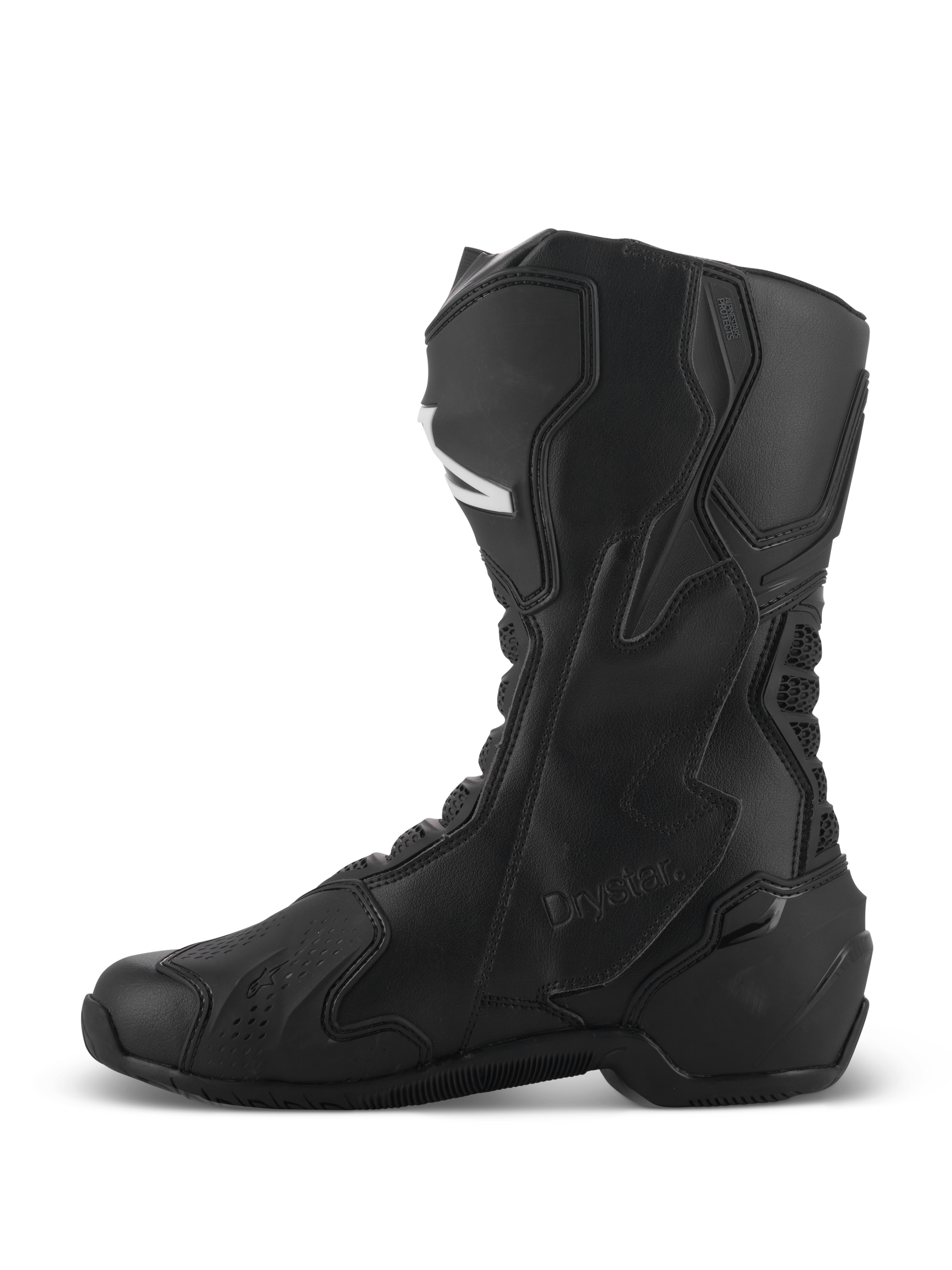 Botas Alpinestars SMX-6 V3 Drystar®, botas de rendimiento para motocicleta en color negro, perfil lateral que muestra la construcción de microfibra de corte alto, paneles protectores de TPU y el logotipo de Drystar