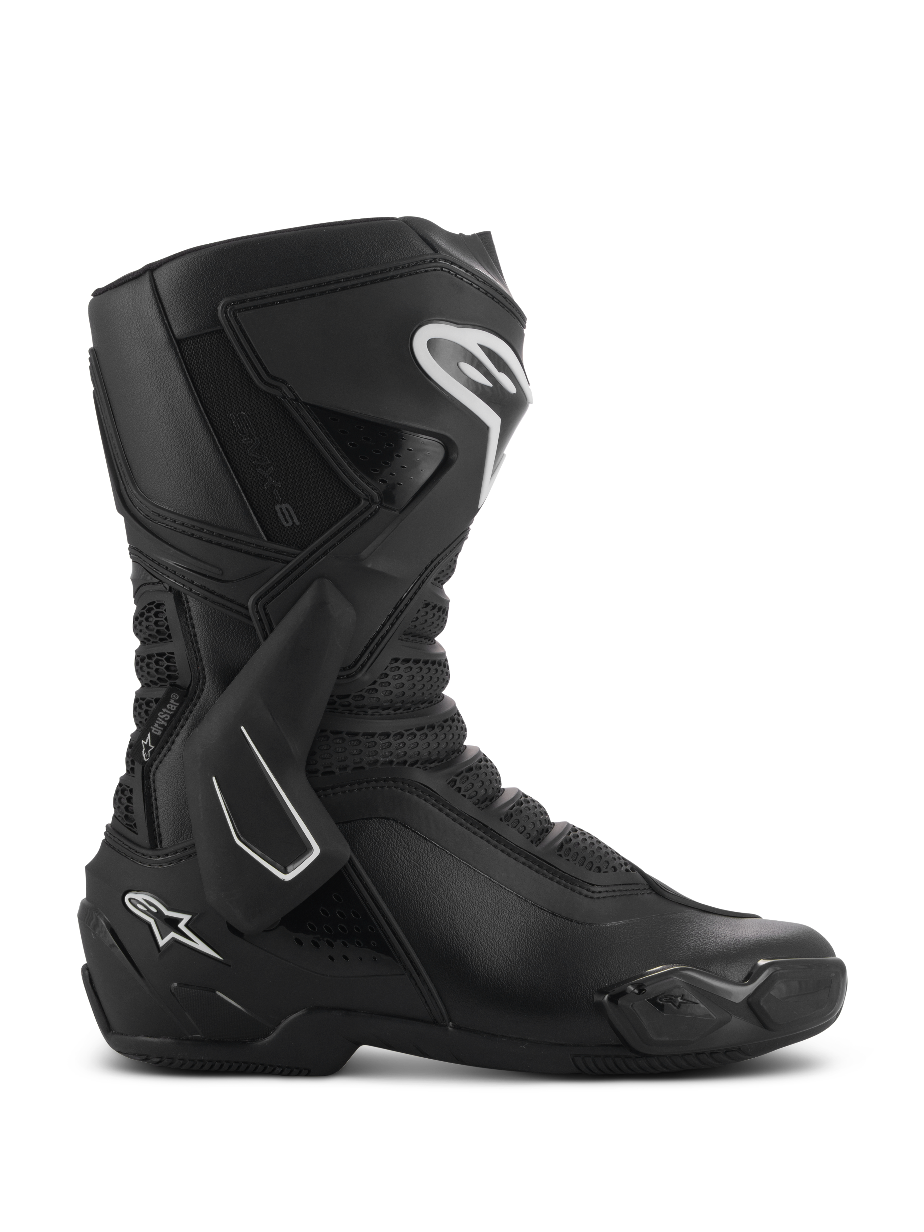 Botas Alpinestars SMX-6 V3 Drystar, botas de alto rendimiento para motociclismo en color negro vistas de perfil lateral, con detalles de logotipos blancos, refuerzo lateral de TPU en el tobillo, espinillera reforzada y paneles de malla flexible.