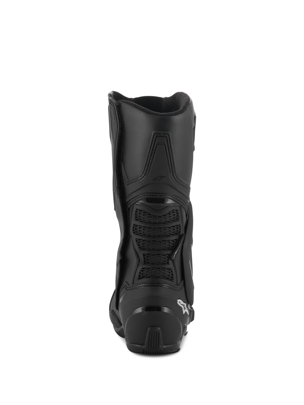 Botas Alpinestars SMX-6 V3 Drystar®, botas de conducción de alto rendimiento, negras, vista trasera con protector de talón de TPU y puente posterior de la pantorrilla con detalle de malla, logotipo blanco en el talón