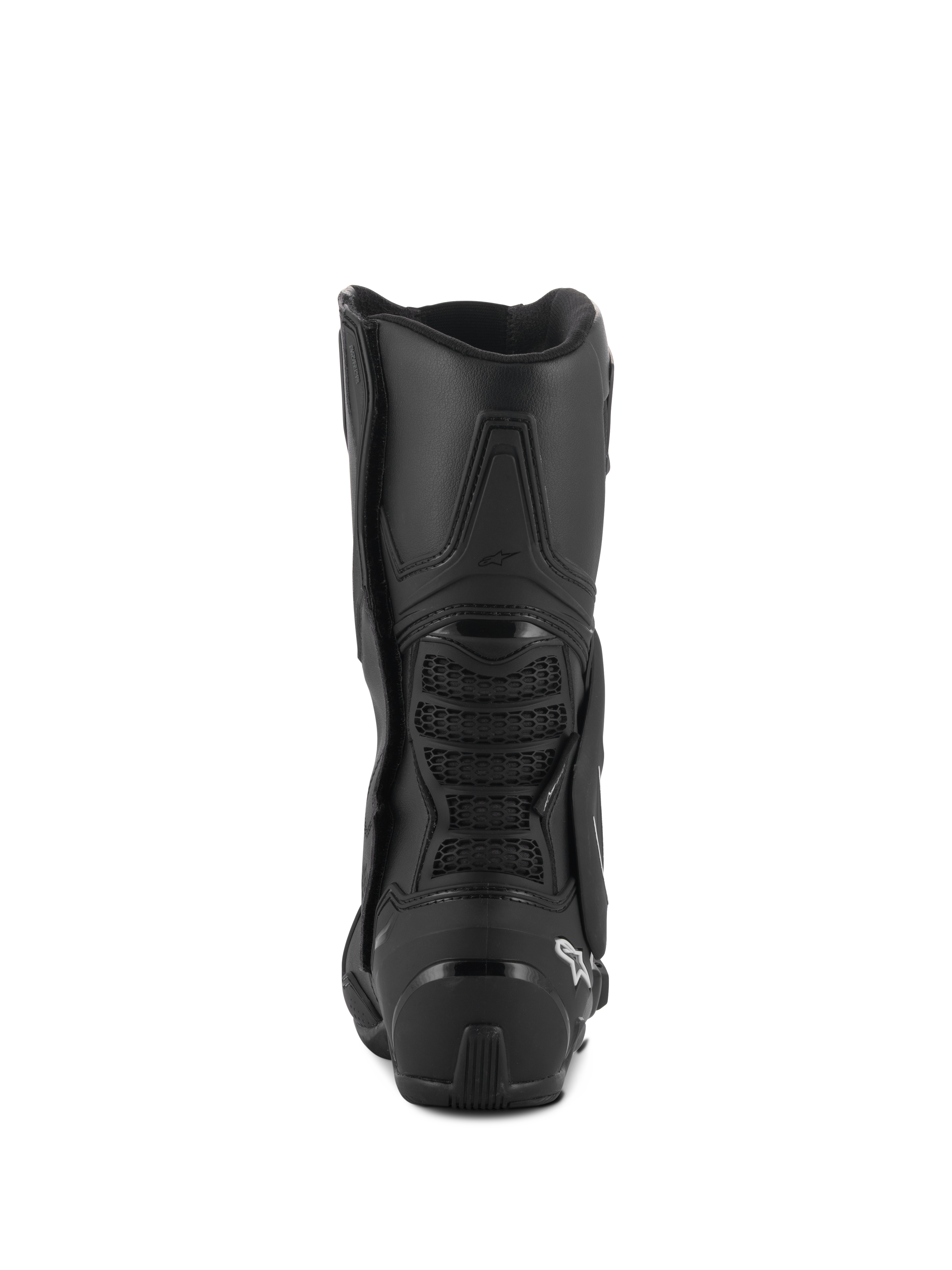 Botas Alpinestars SMX-6 V3 Drystar®, botas de conducción de alto rendimiento, negras, vista trasera con protector de talón de TPU y puente posterior de la pantorrilla con detalle de malla, logotipo blanco en el talón