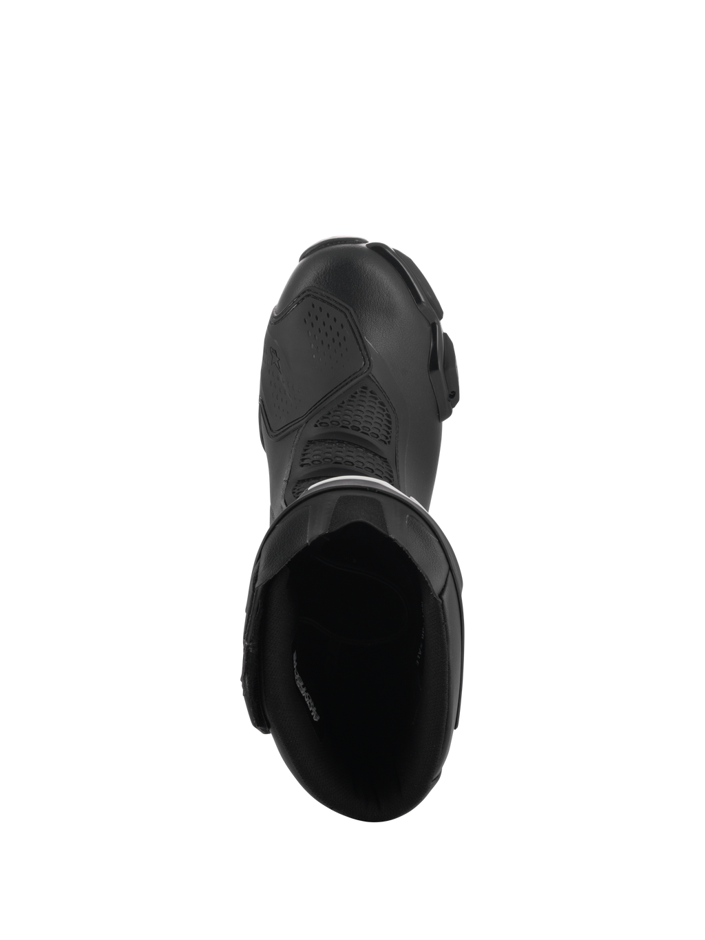 Botas Alpinestars SMX-6 V3 Drystar®, negras, vista desde arriba hacia la apertura de la bota, parte superior de microfibra con almohadilla de cambio de TPU y forro interior, botas de conducción impermeables de alto rendimiento para deporte y calle