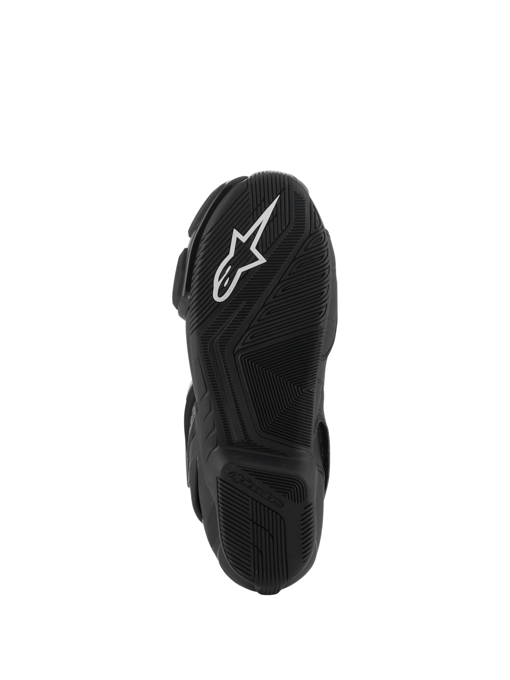 Botas Alpinestars SMX-6 V3 Drystar®, vista de la suela de goma negra, con el logotipo A-star blanco en la parte delantera y la marca Alpinestars en relieve en el talón, patrón de textura intrincada para mayor agarre y rendimiento