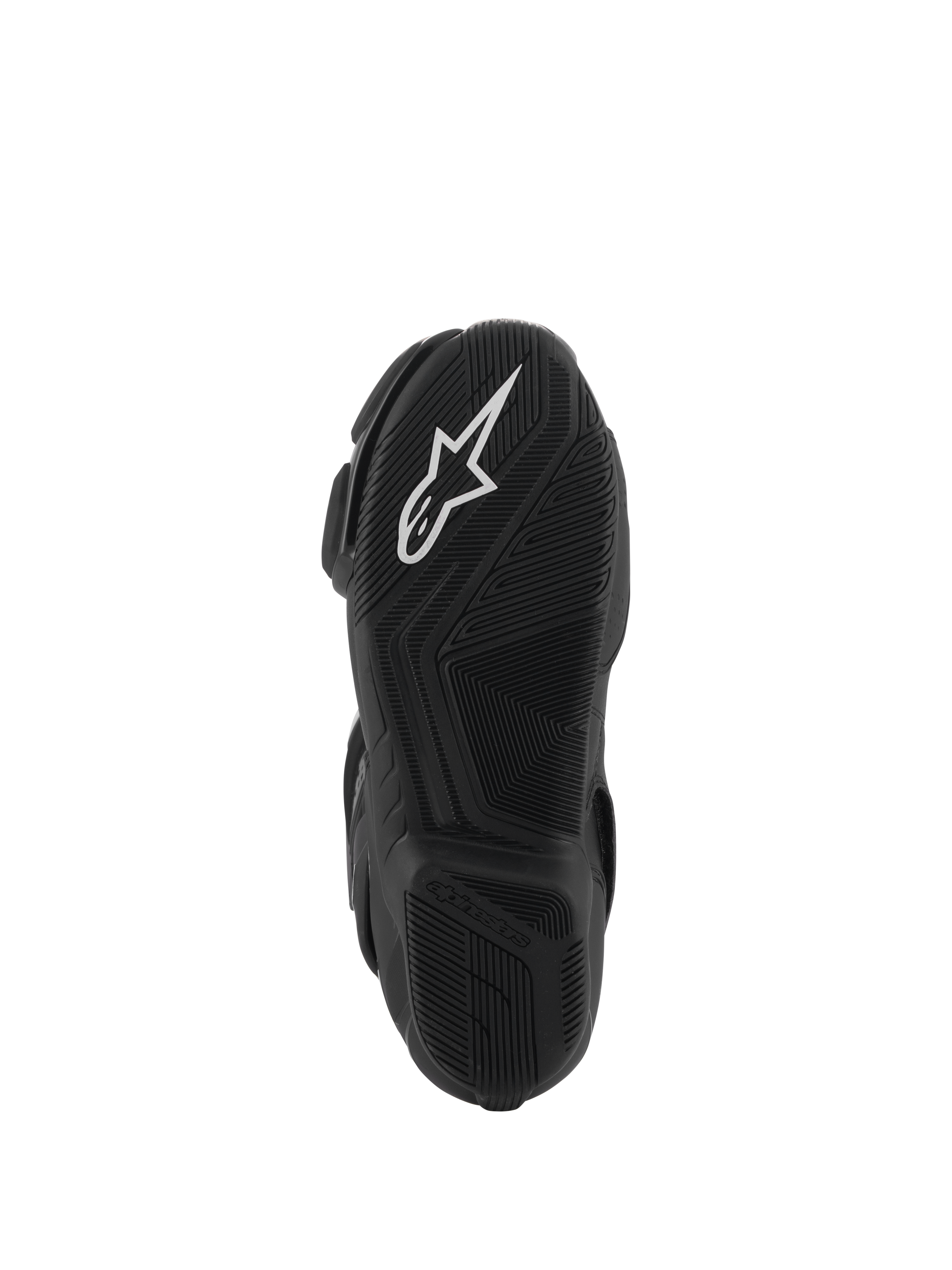 Botas Alpinestars SMX-6 V3 Drystar®, vista de la suela de goma negra, con el logotipo A-star blanco en la parte delantera y la marca Alpinestars en relieve en el talón, patrón de textura intrincada para mayor agarre y rendimiento