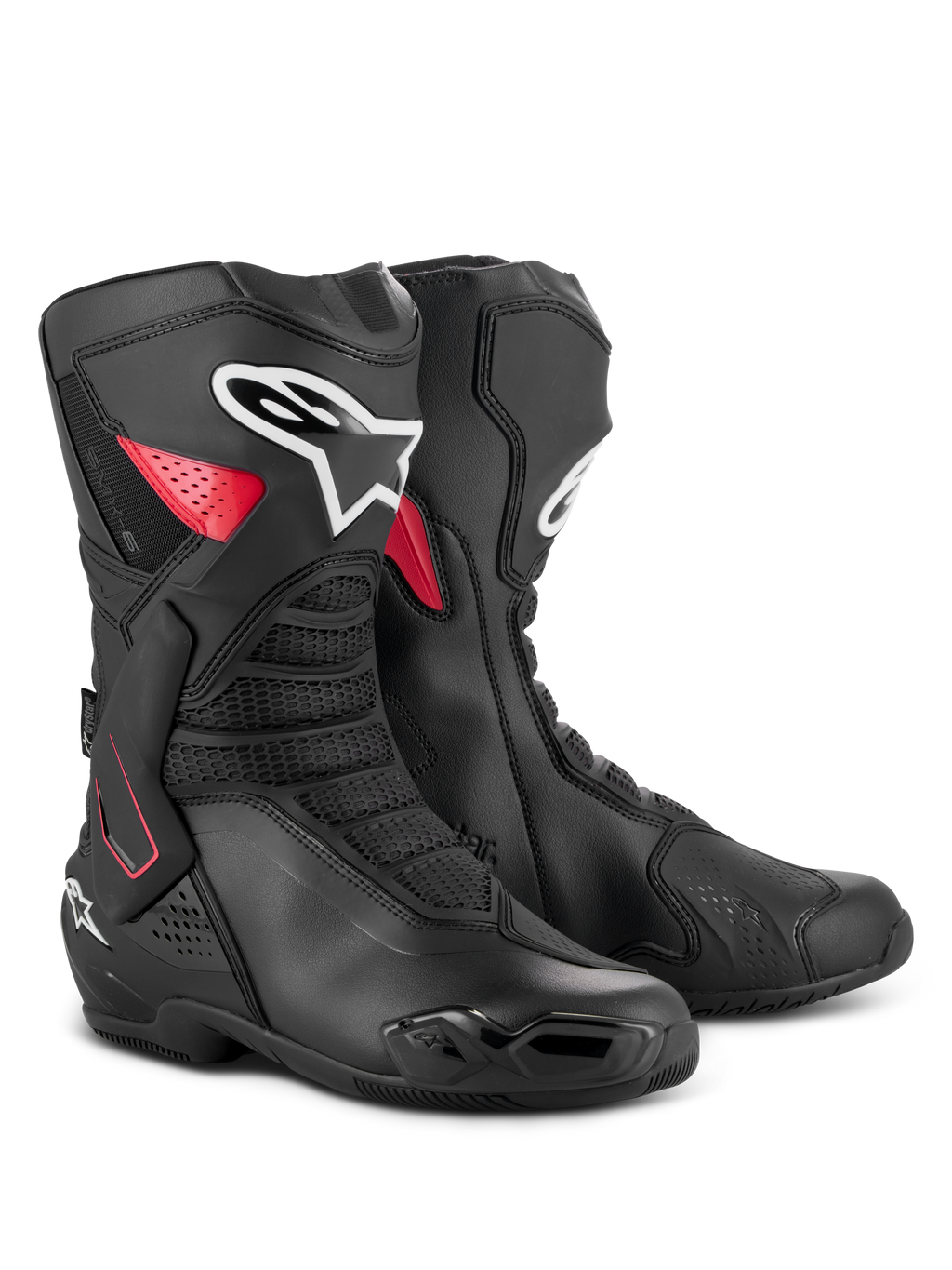 Botas Alpinestars SMX-6 V3 Drystar, botas de rendimiento impermeables para motociclismo, negro y rojo, con refuerzo lateral de tobillo en TPU, placa de espinilla reforzada y construcción en microfibra para conducción en pista y calle