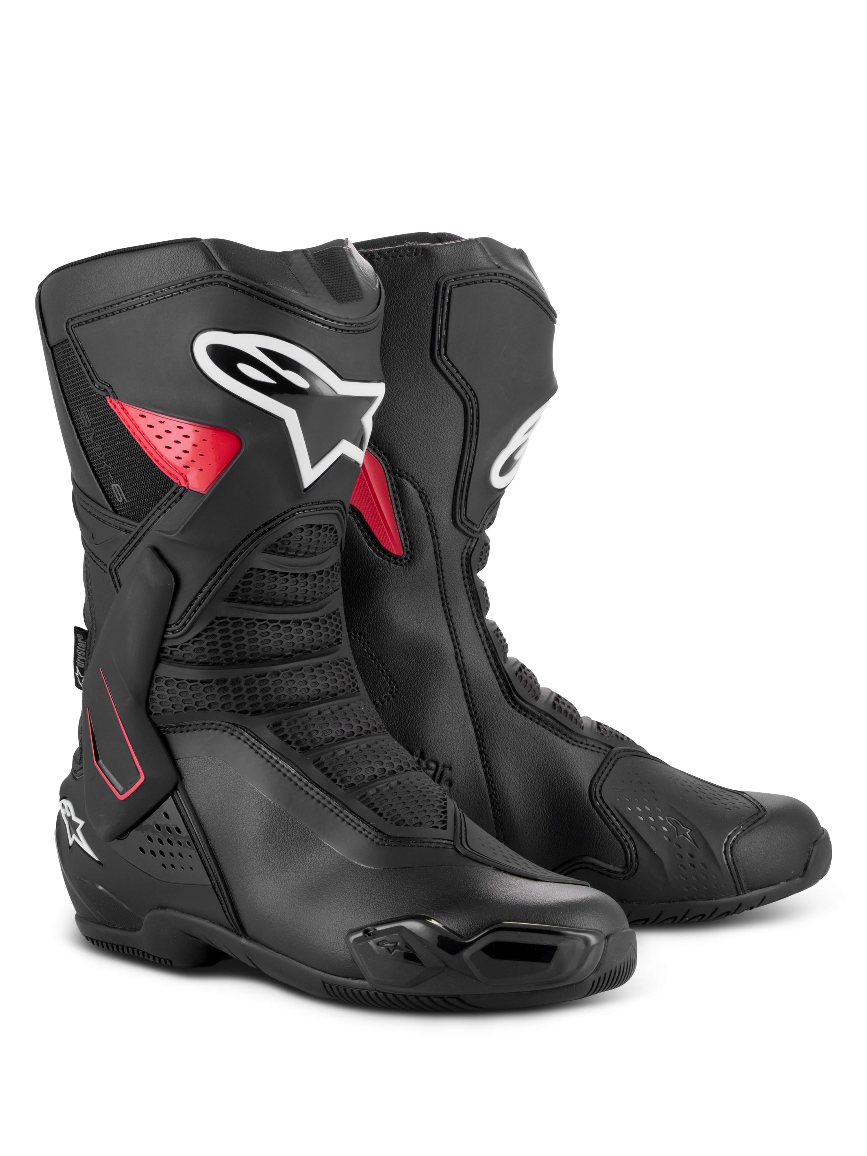 Botas Alpinestars SMX-6 V3 Drystar, botas de rendimiento impermeables para motociclismo, negro y rojo, con refuerzo lateral de tobillo en TPU, placa de espinilla reforzada y construcción en microfibra para conducción en pista y calle