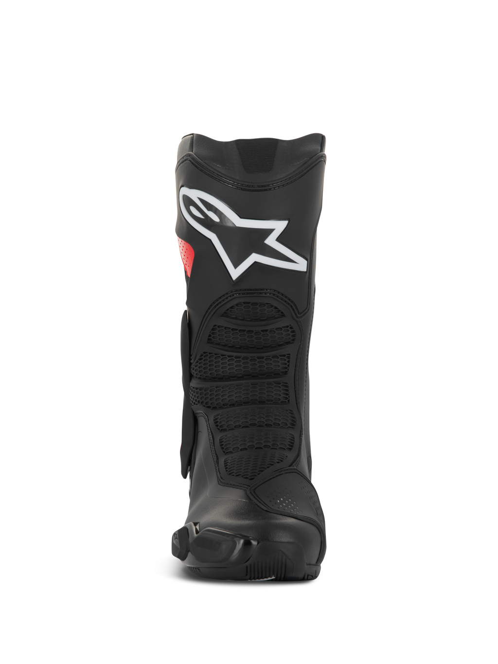 Botas Alpinestars SMX-6 V3 Drystar®, botas de moto de alto rendimiento, negro y rojo, vista frontal con un gran logotipo blanco en la espinilla, zonas de flexión delanteras texturizadas y diseño protector estilizado